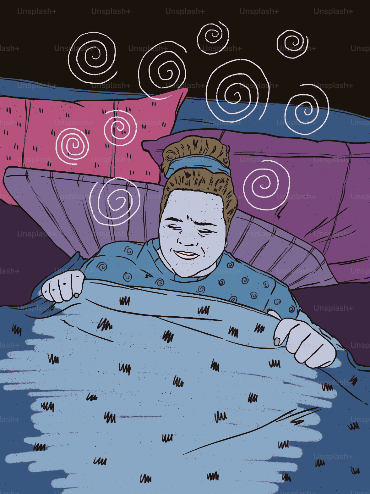 Woman in bed with dizzy spirals above her head