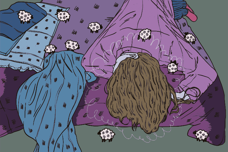 A person sleeping surrounded by cartoon sheep