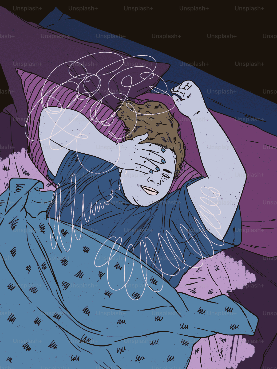 Person lying in bed with scribbles around head.