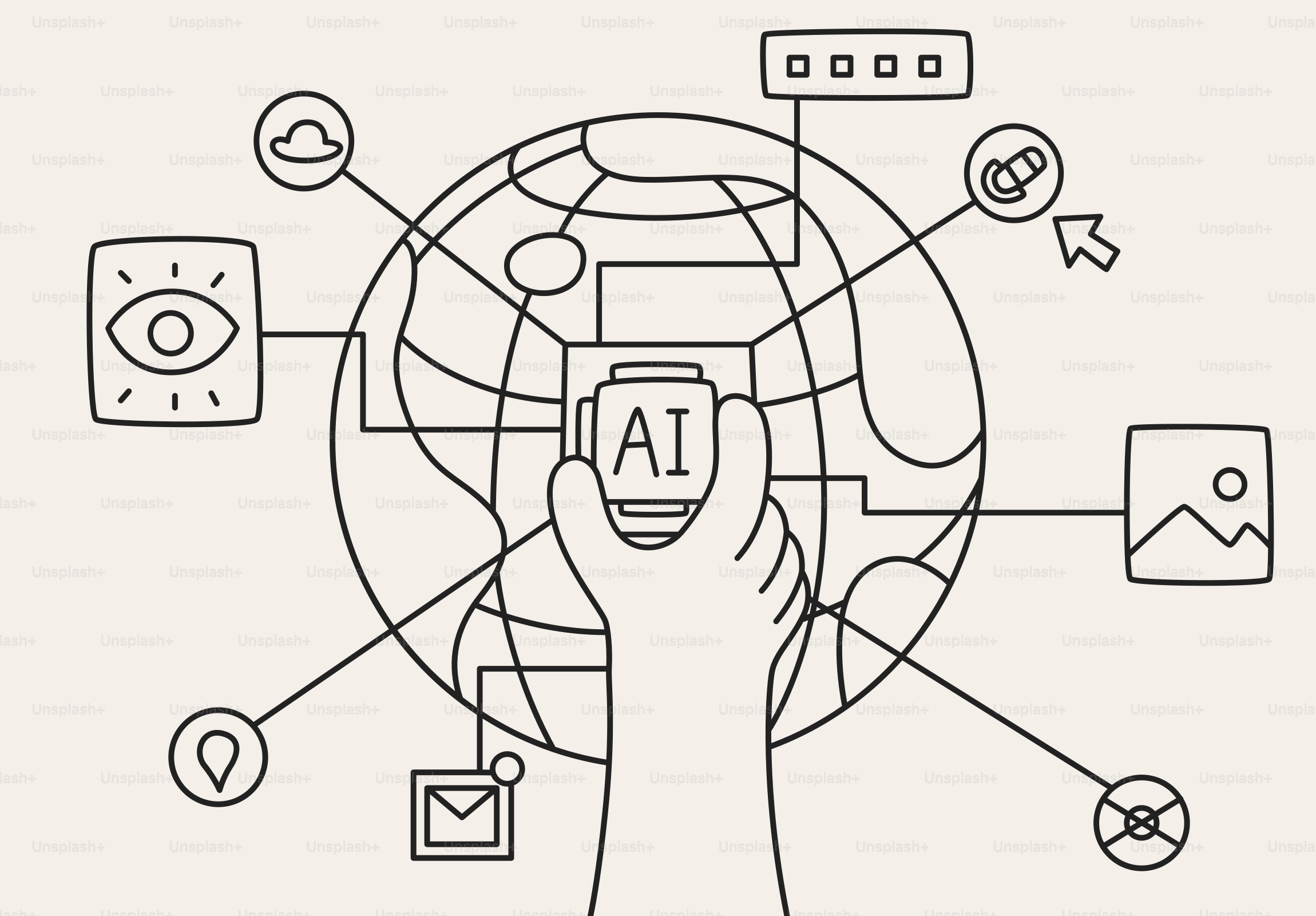 Integración de IA en una red digital global con iconos conectados.