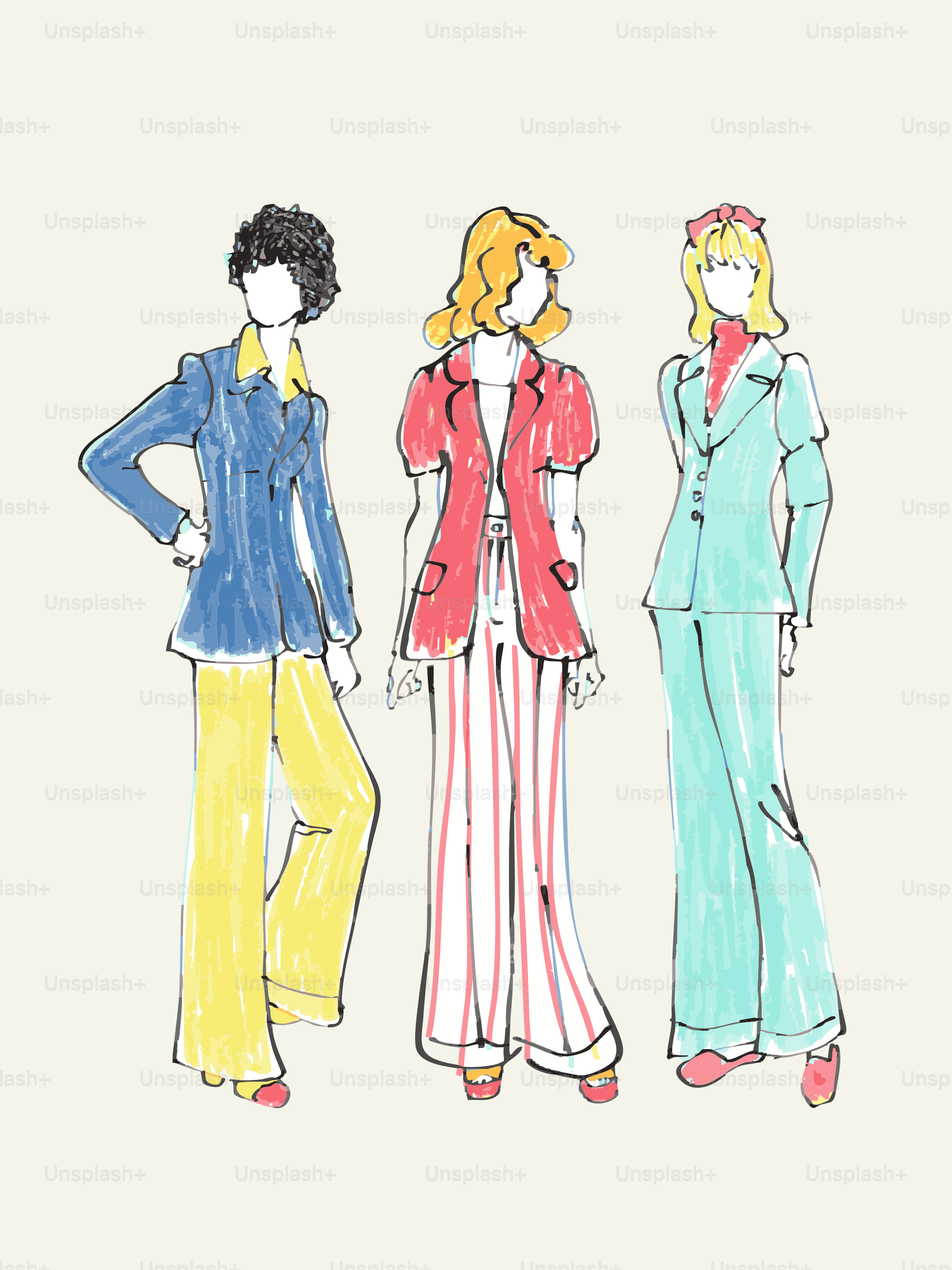 Tre figure stilizzate in colorati abiti di moda anni '70.
