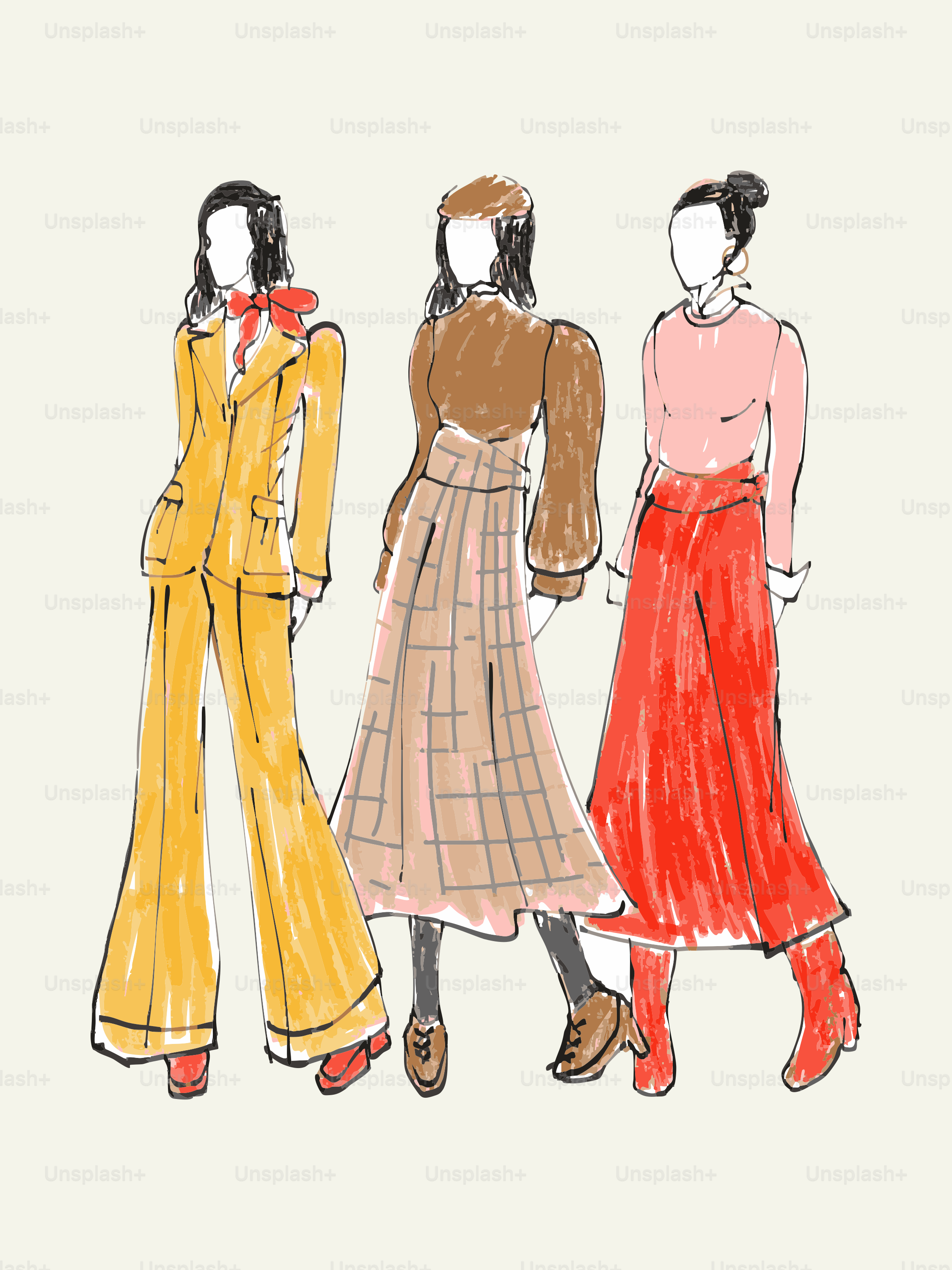 Tre schizzi di moda di donne in abiti alla moda