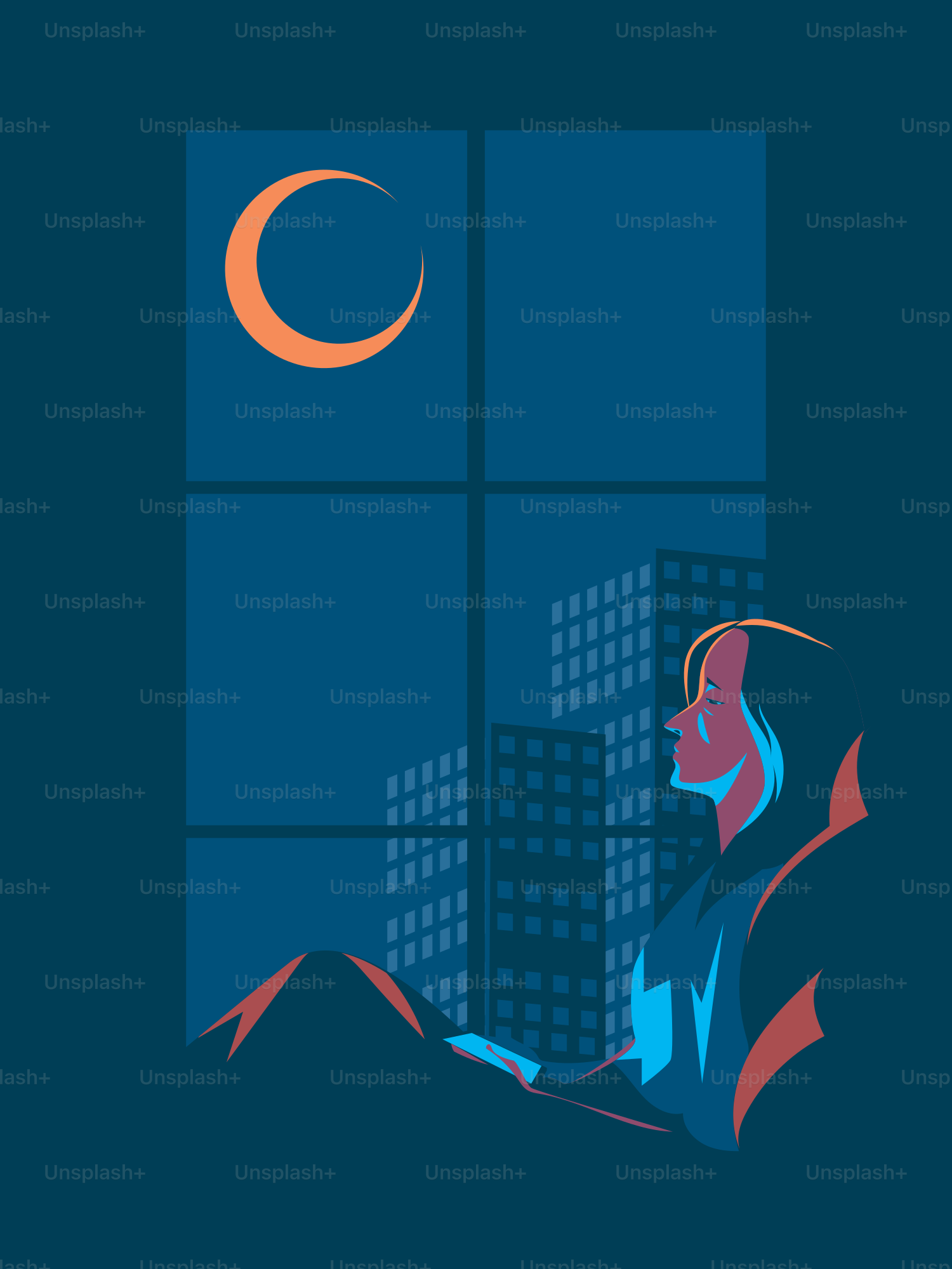 Person, die aus dem Fenster auf Stadt und Mond blickt