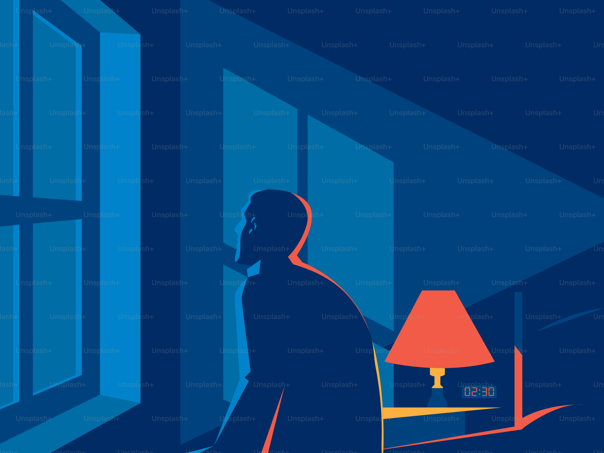 Mann, der nachts mit Lampe aus dem Fenster schaut