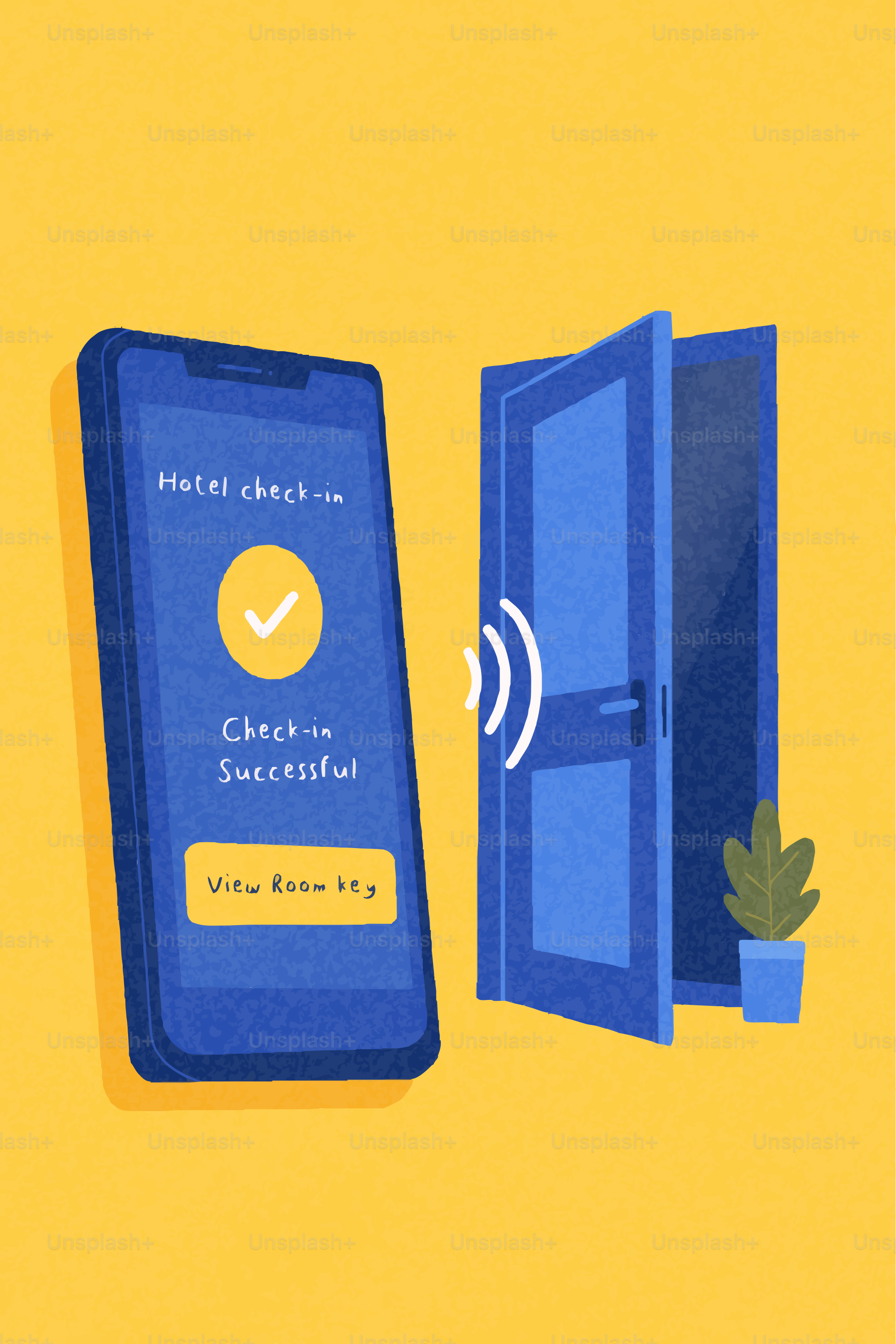 Lo smartphone mostra il check-in in hotel con successo, sbloccando una porta senza fili.
