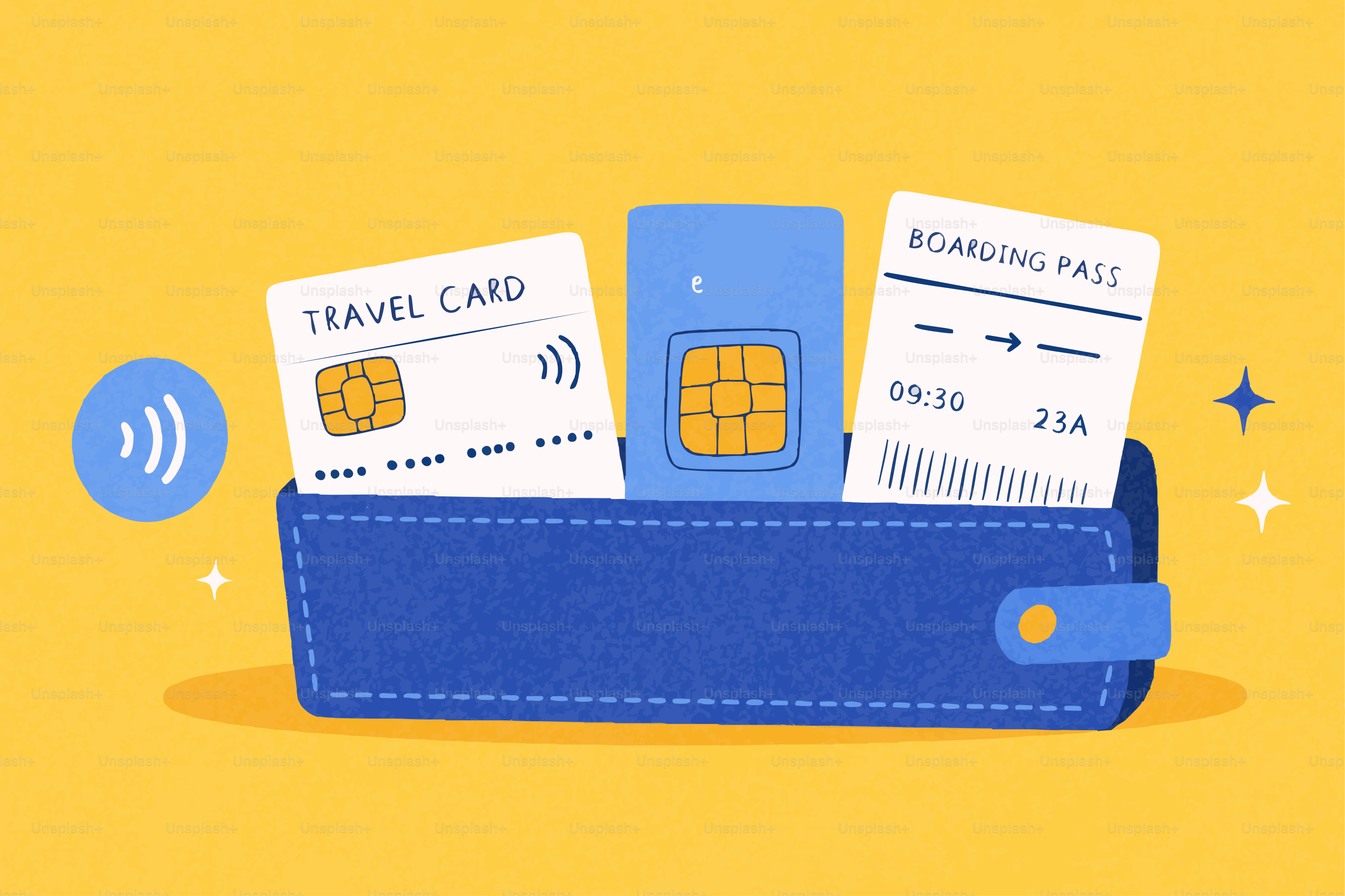 Portefeuille bleu contenant une carte de voyage, une carte SIM et une carte d’embarquement.