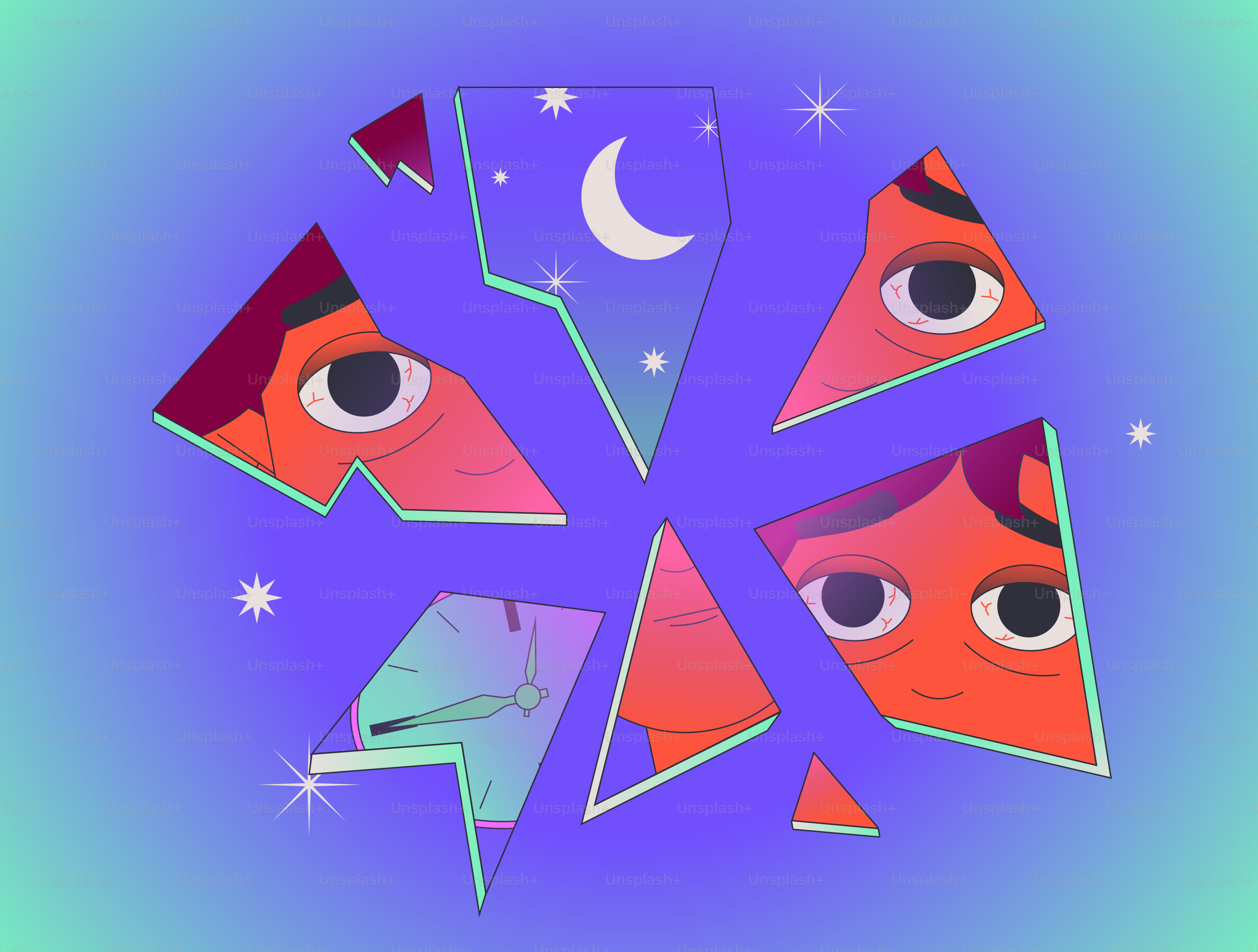 Broken abstract portrait with starry night sky elements.