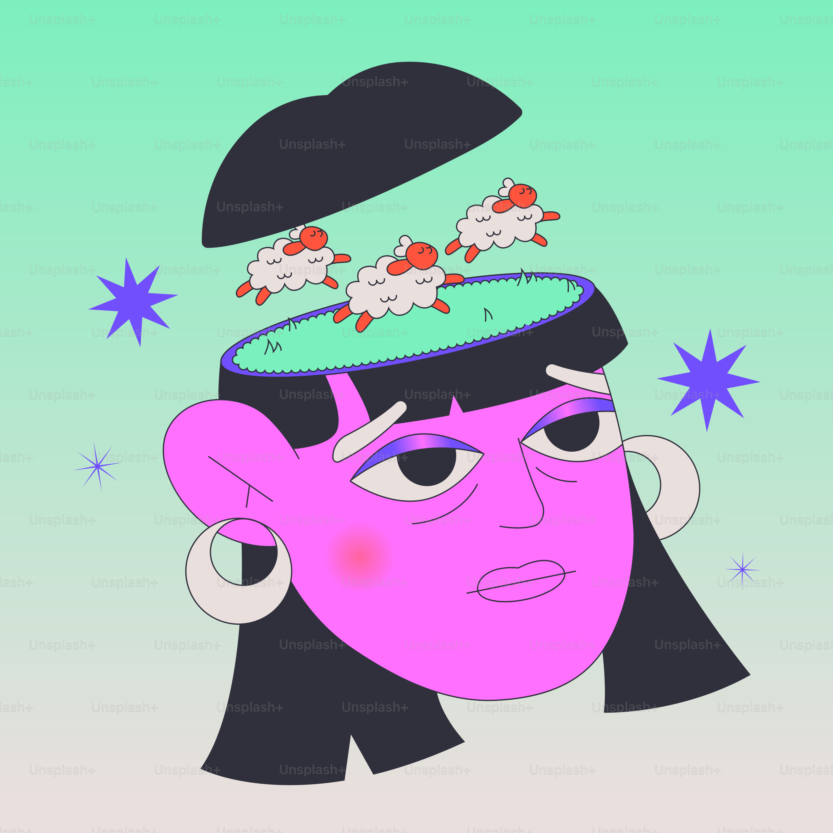 Cartoon head with sheep jumping out of open mind