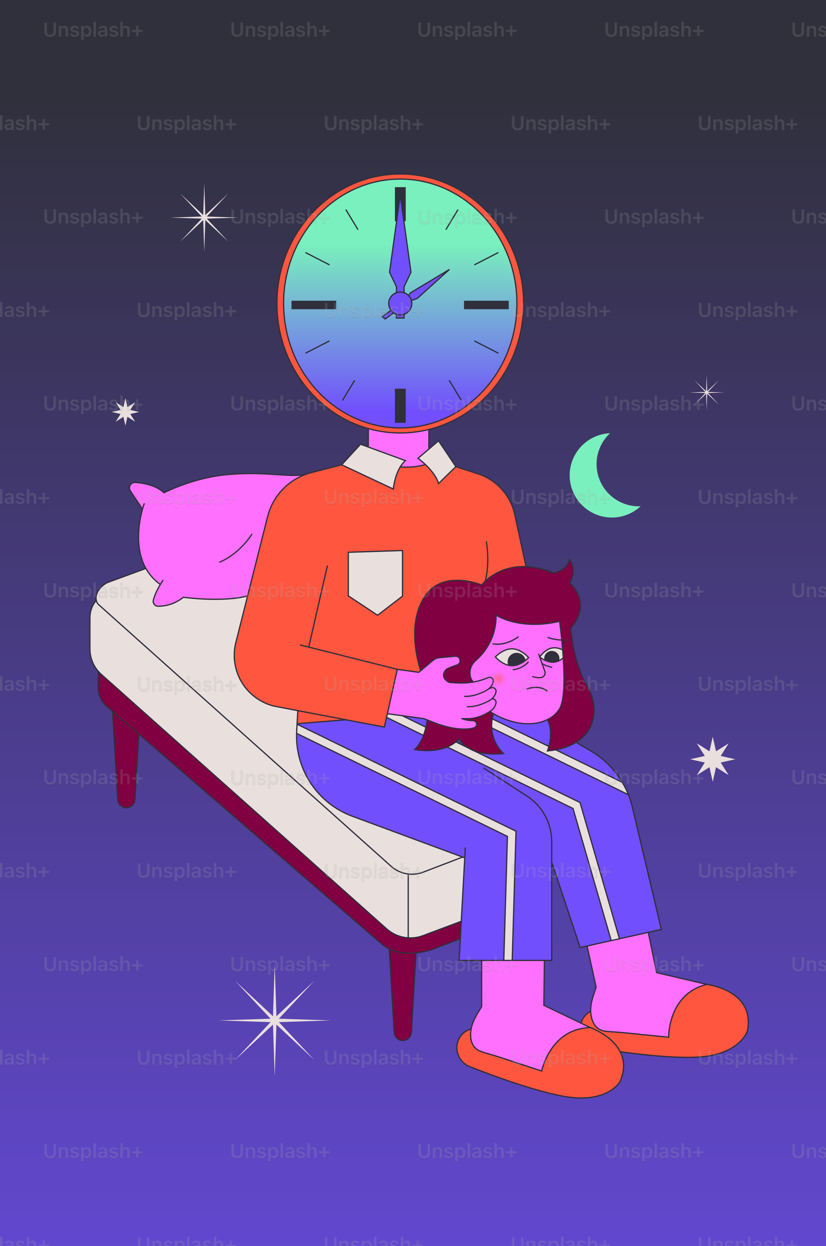 Person with clock head holding child's head at night