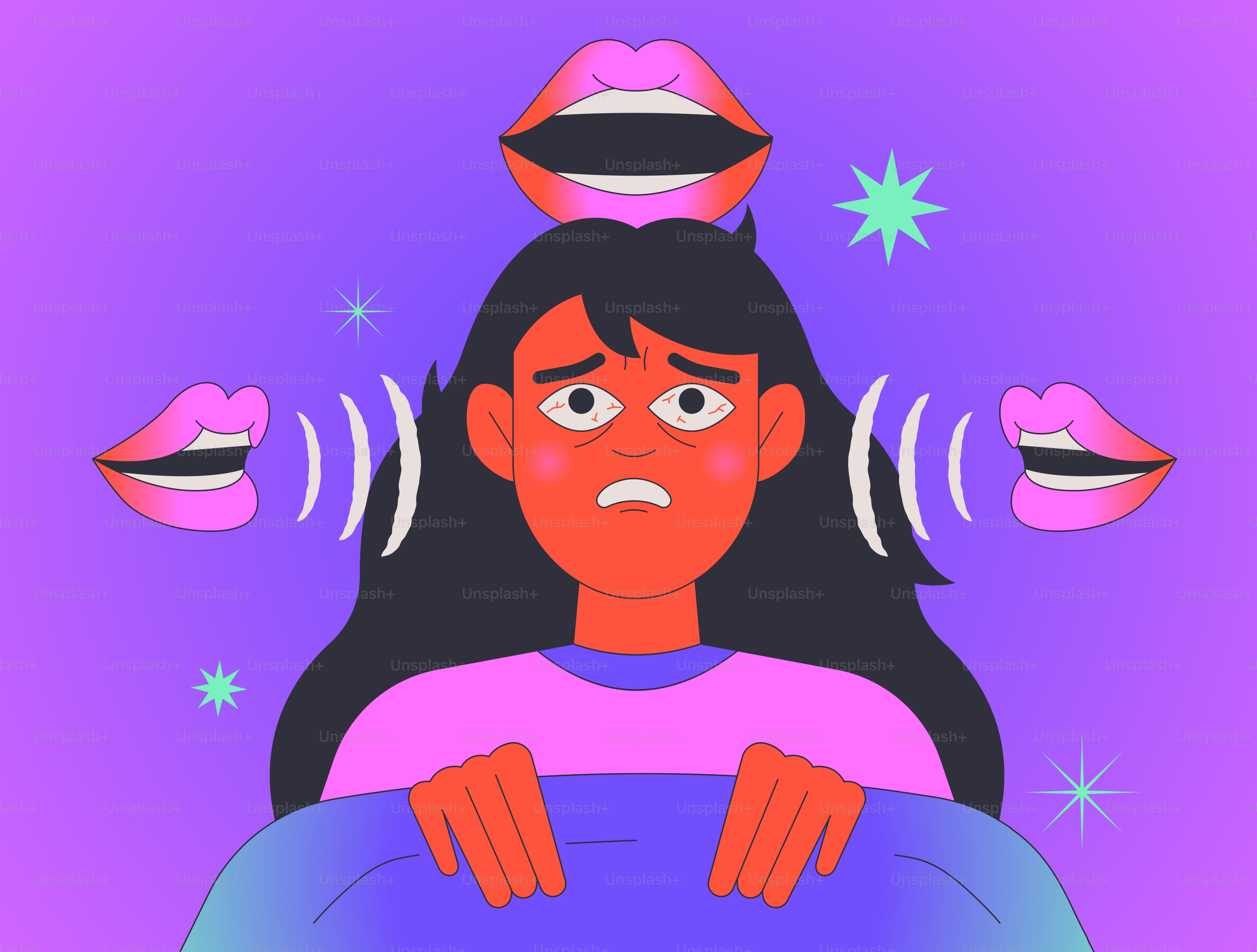 Anxious person overwhelmed by speaking mouths