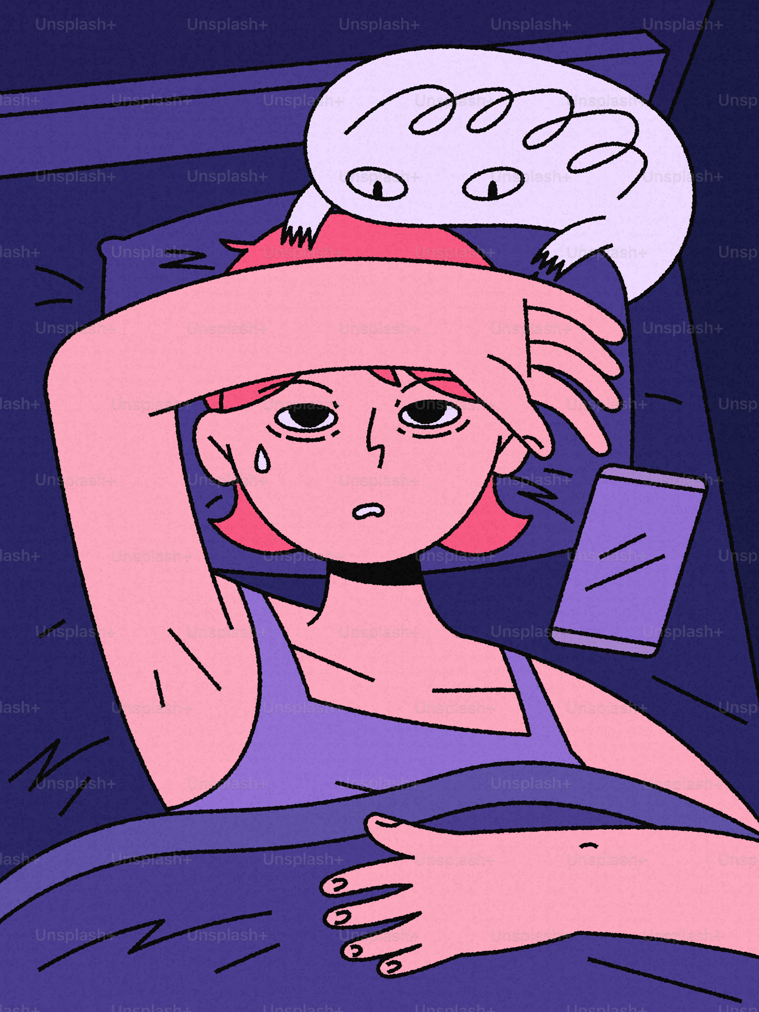 Mujer que se siente mal en la cama con el teléfono cerca