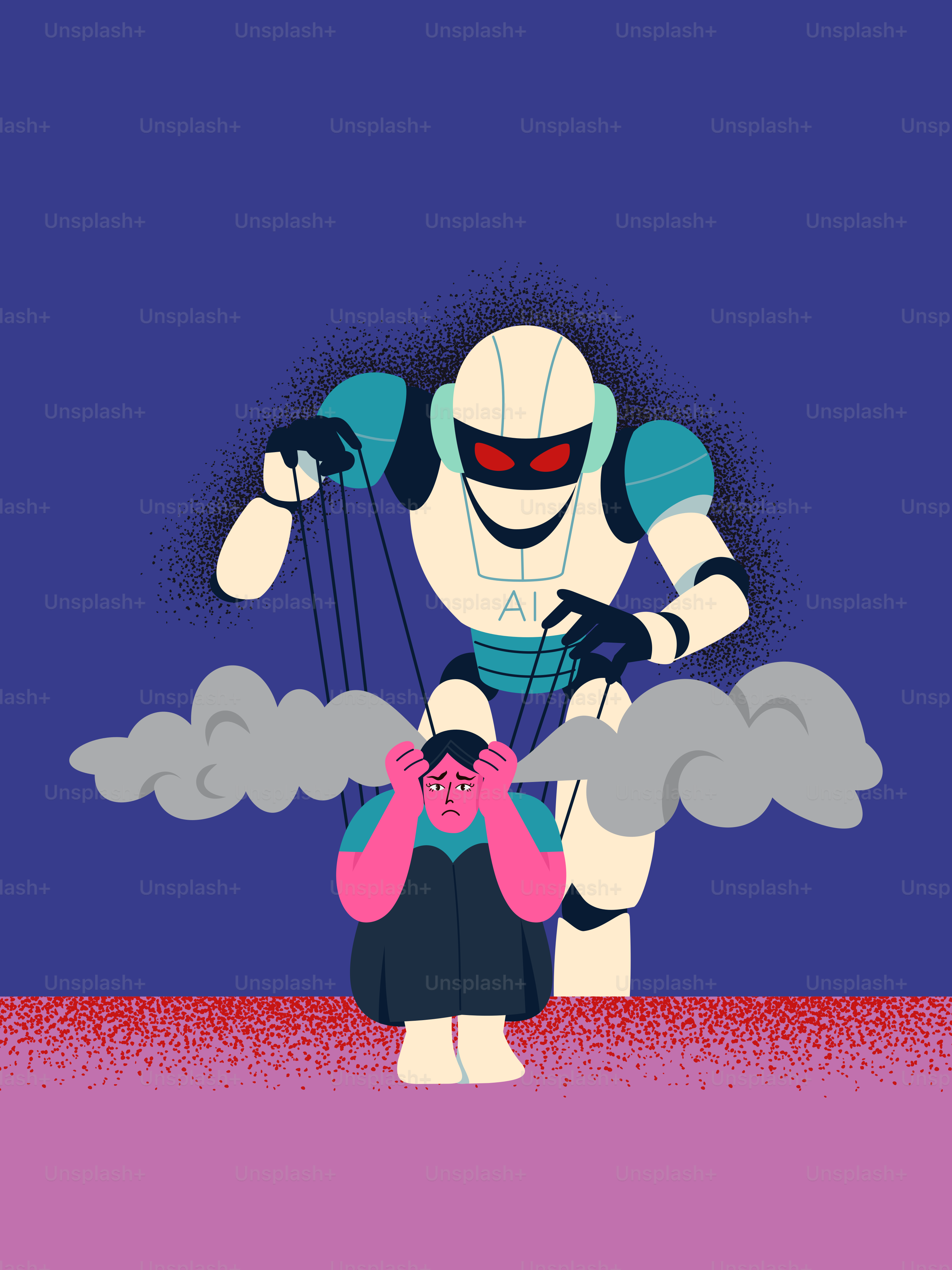 Robot IA manipulant une personne stressée avec des ficelles de marionnette.