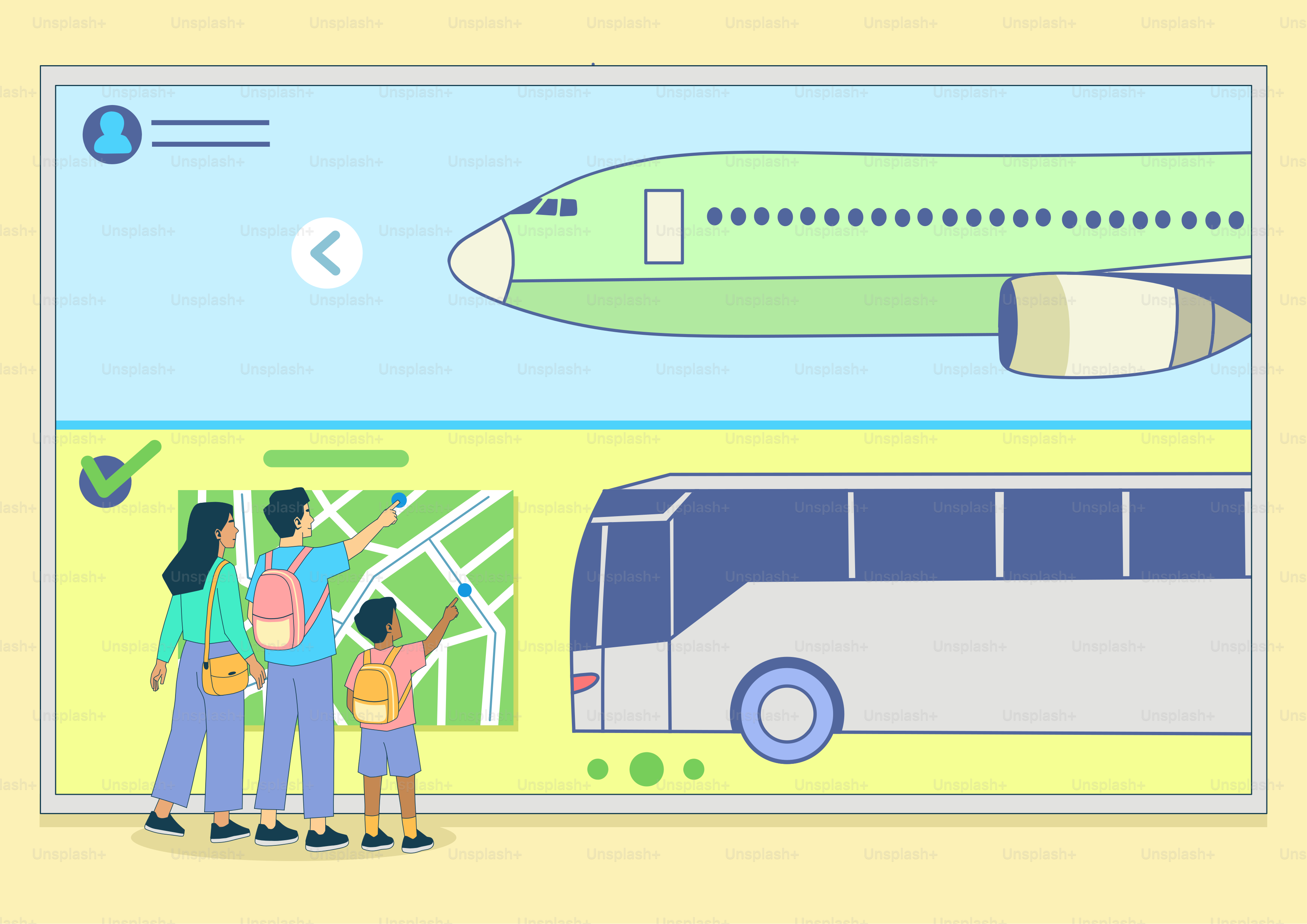 Planificación familiar de viajes con opciones de avión y autobús.