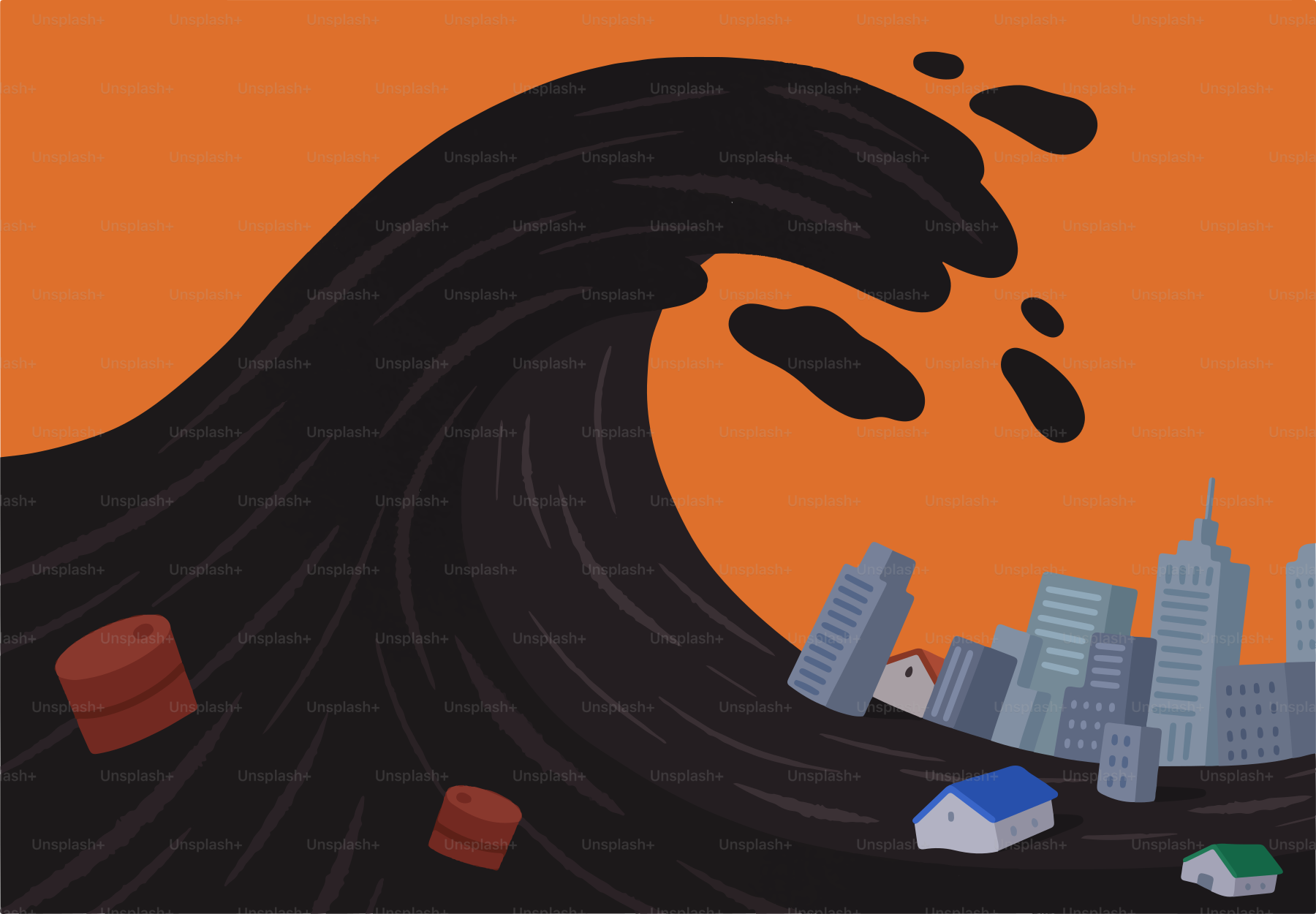 Uma onda de vazamento de óleo atinge uma cidade com barris flutuantes.