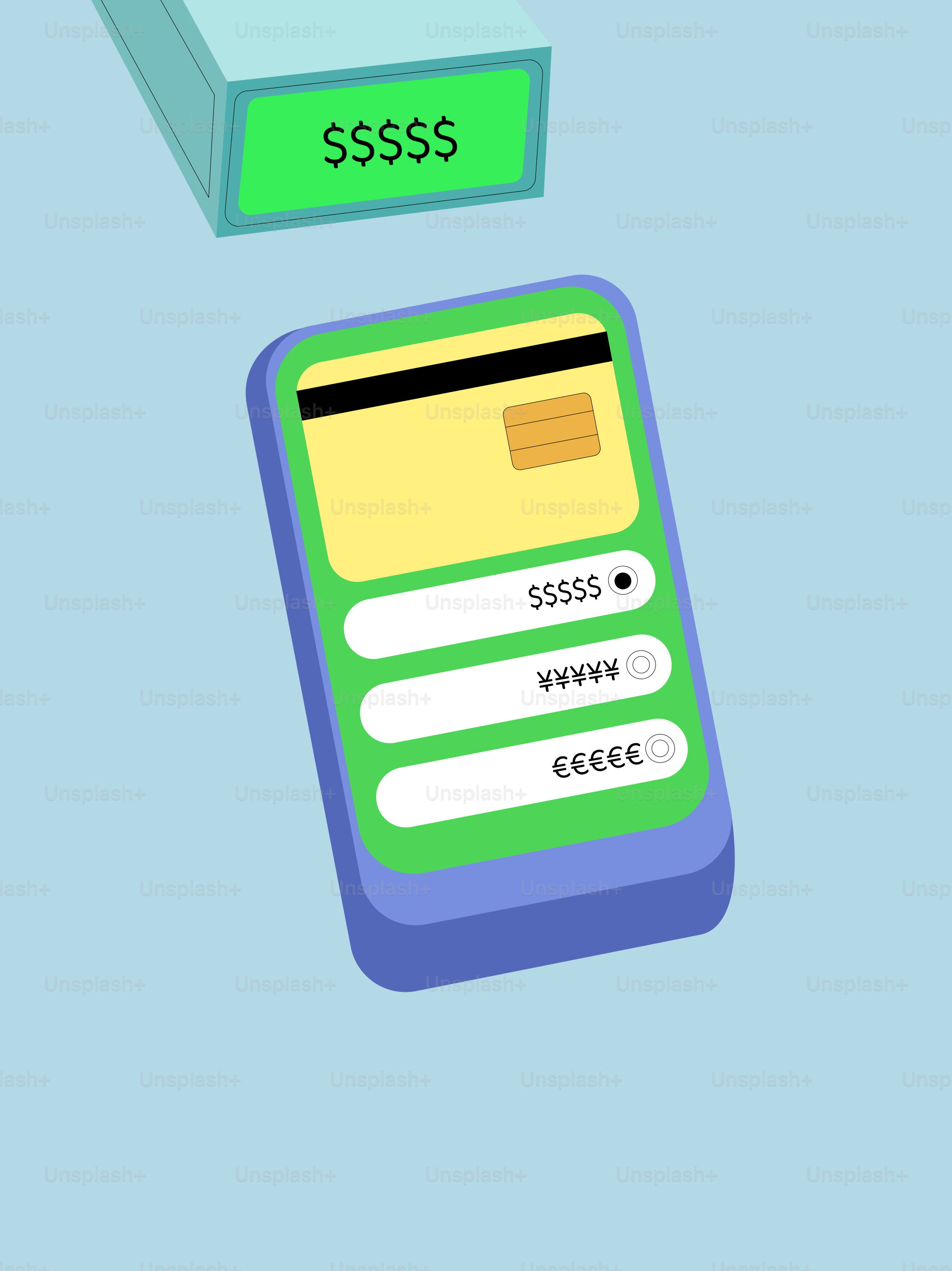 Credit card payment terminal with currency symbols