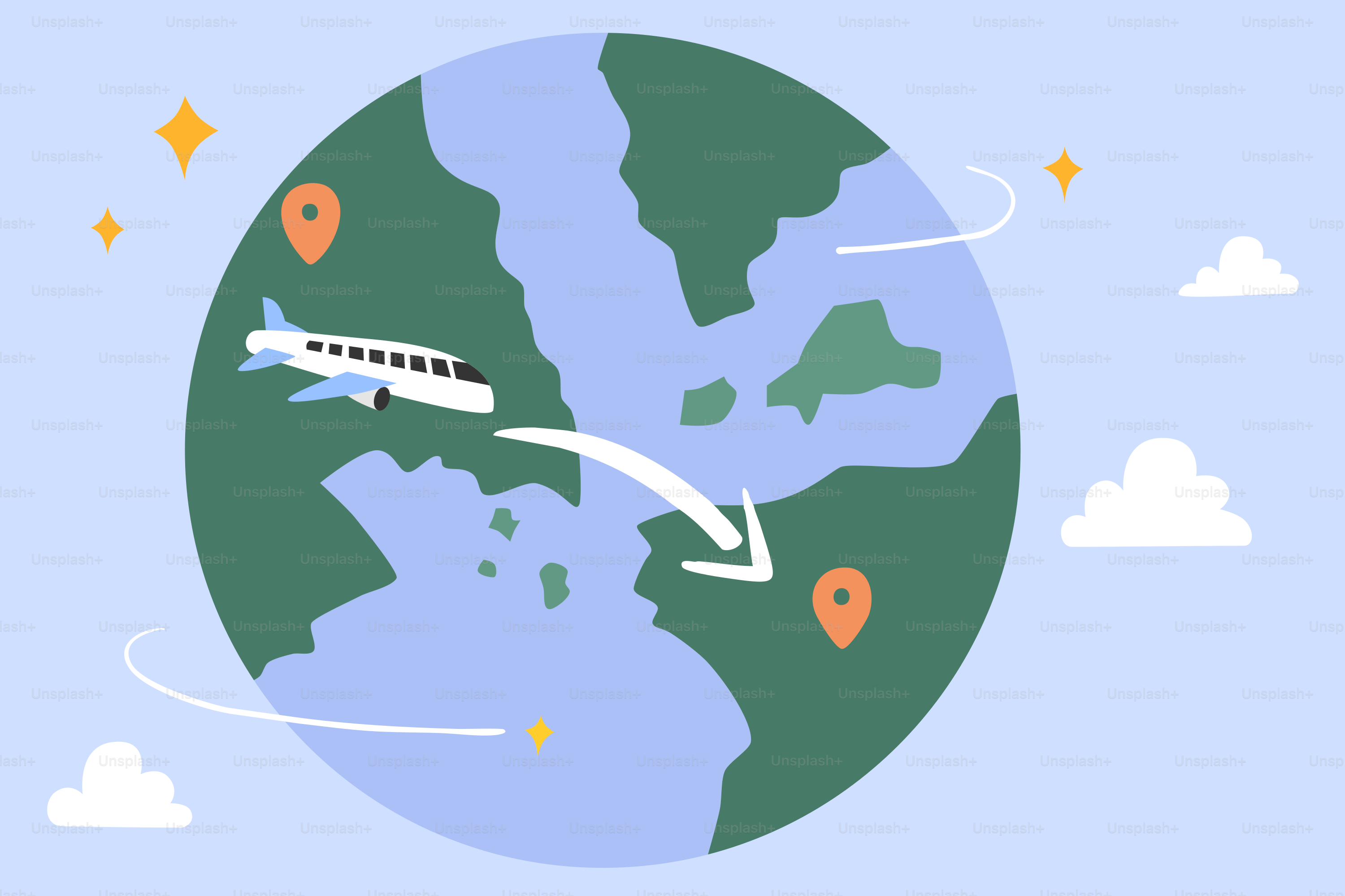 Un avión cruza el mundo, conectando dos ubicaciones.