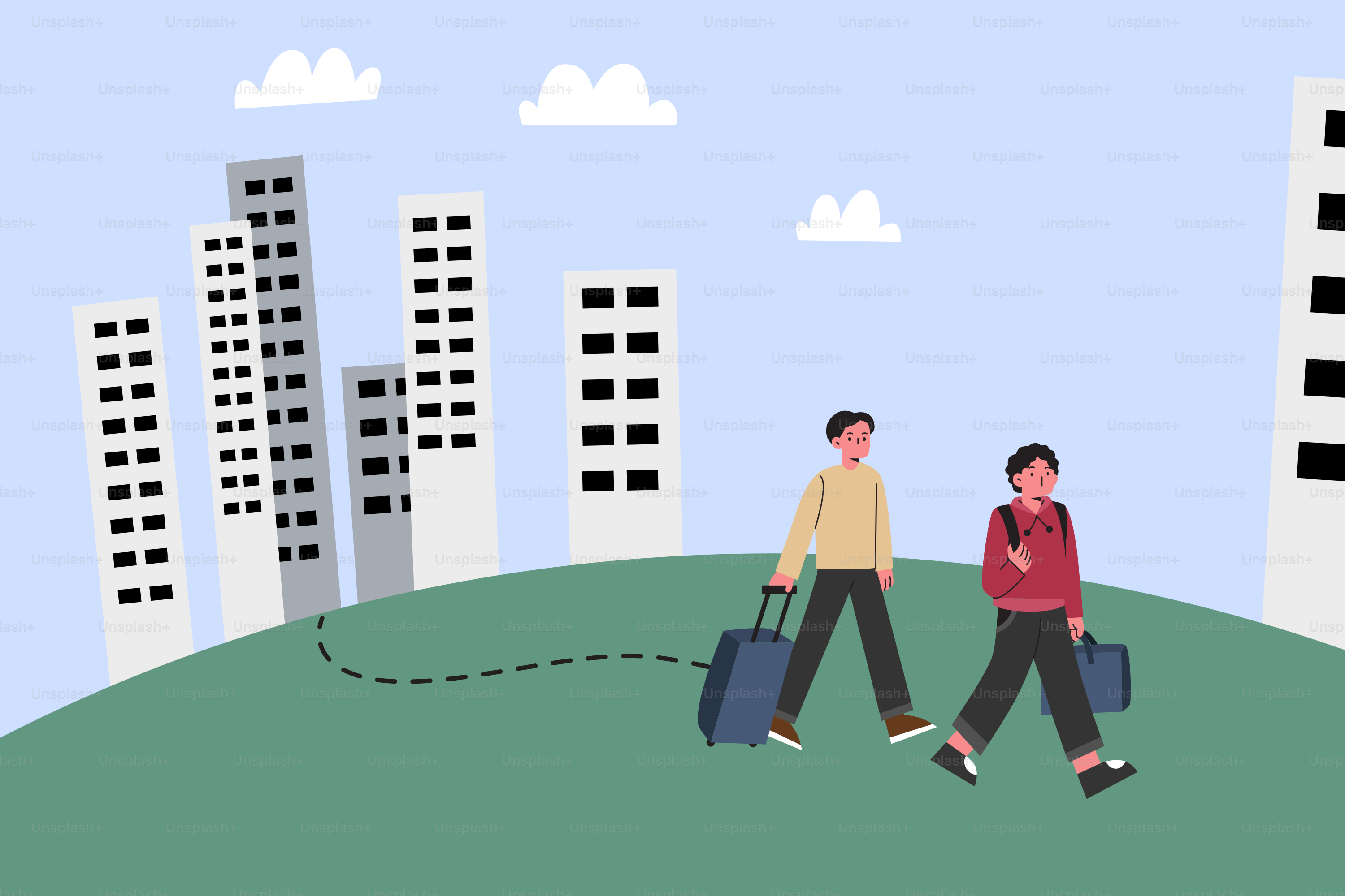 Viajeros con equipaje caminando por una colina hacia un paisaje urbano.