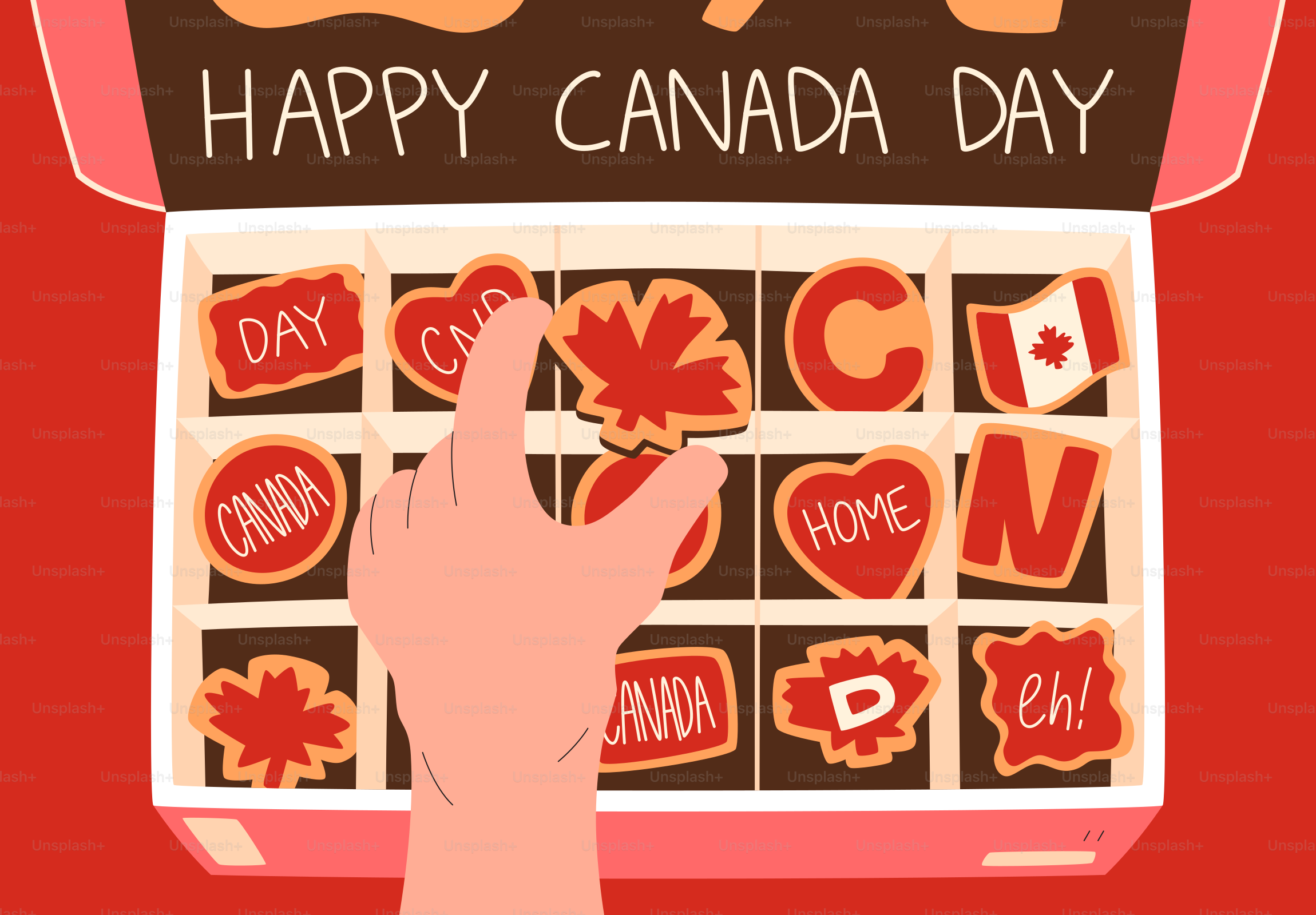 Elegir a mano una galleta del Día de Canadá de una caja