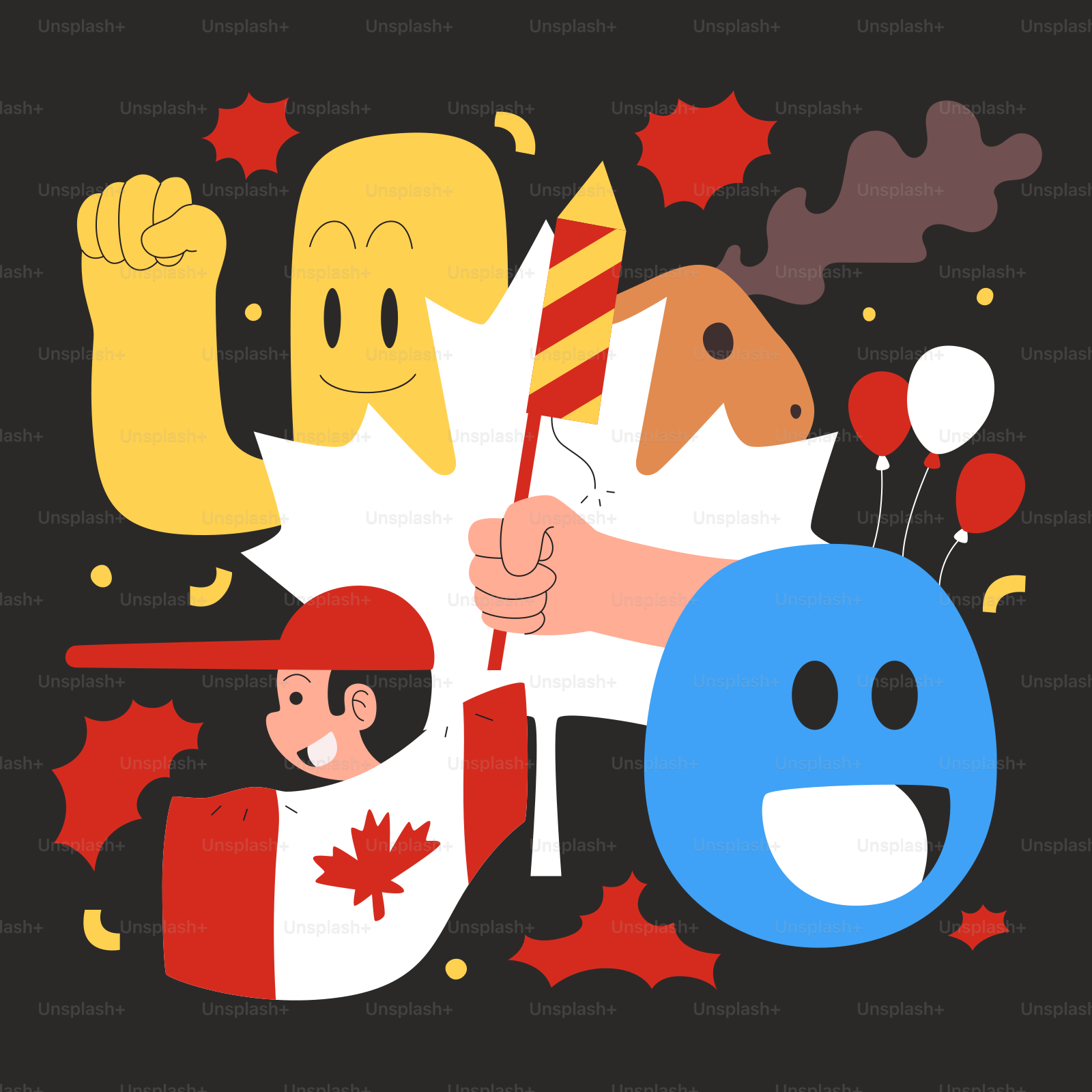 Celebración de dibujos animados con bandera canadiense, hoja de arce y fuegos artificiales.