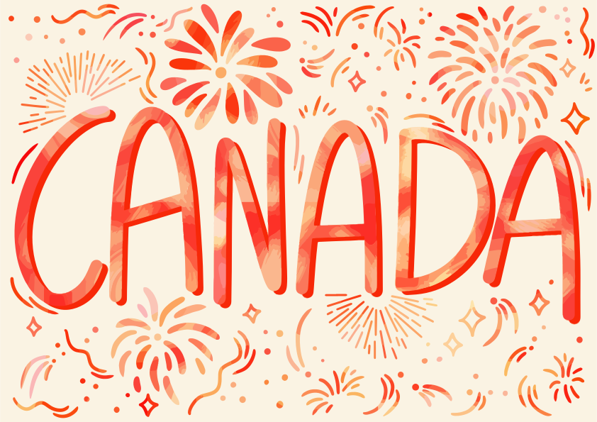 Canada word with fireworks and festive elements