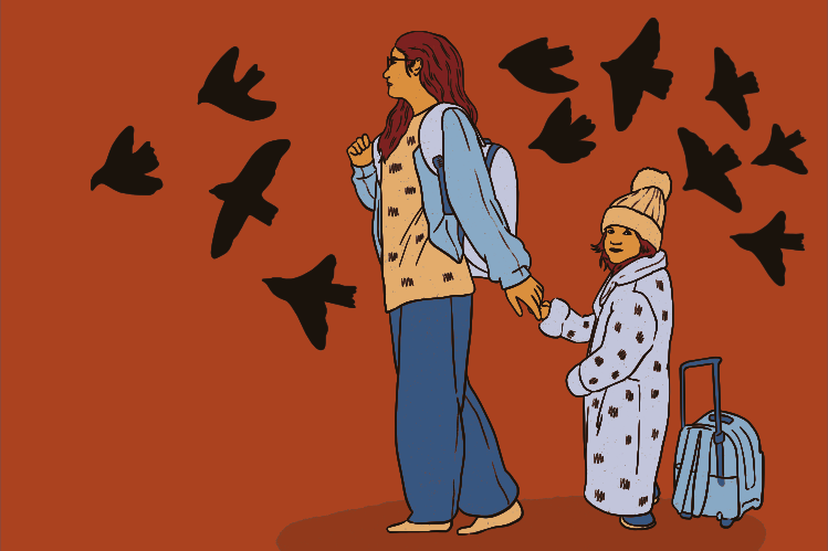 Mulher e criança de mãos dadas, andando com mala e pássaros.