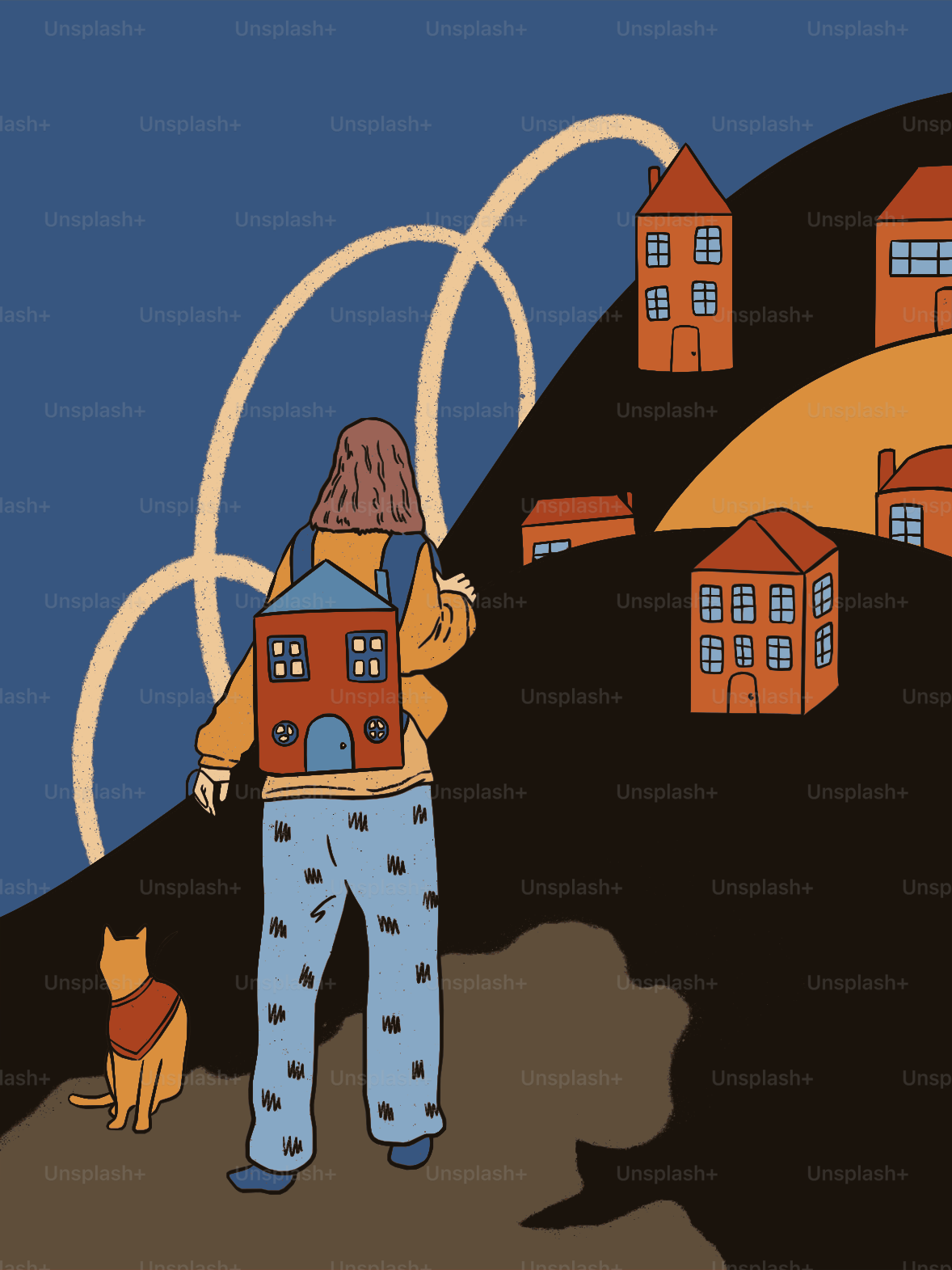 Pessoa com casa e mochila caminha com gato na colina.