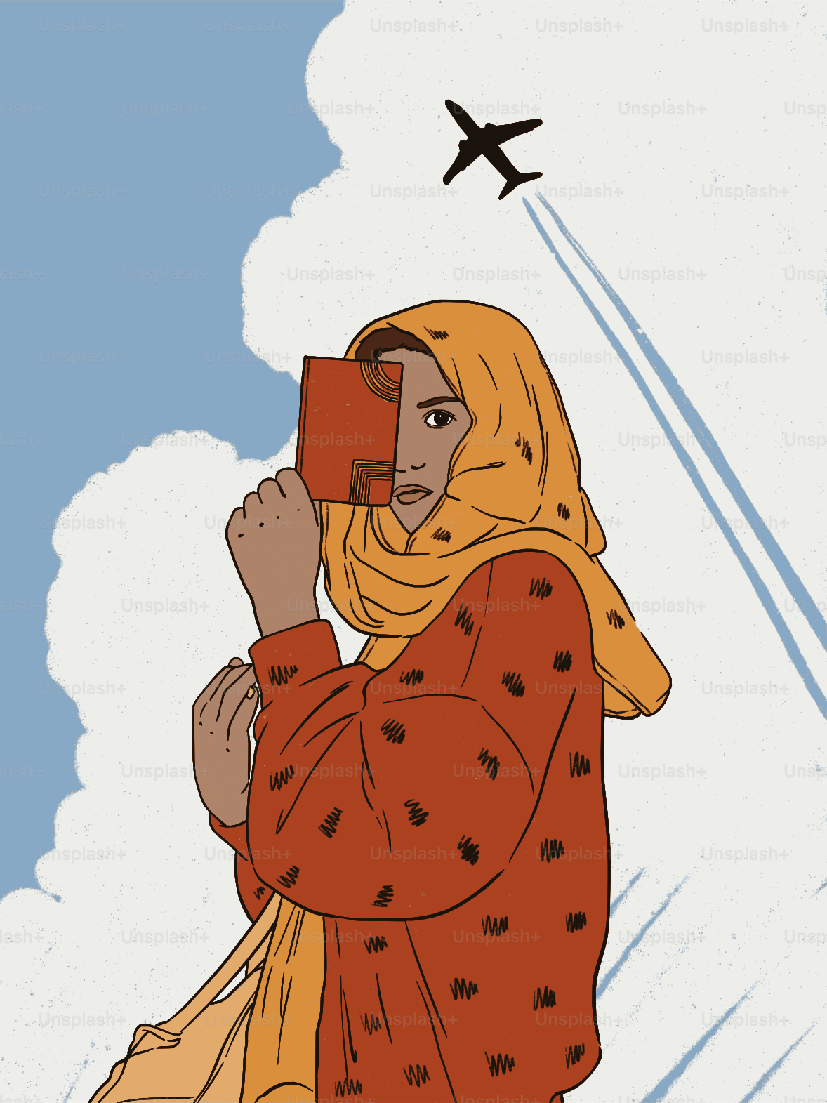 Mulher segurando passaporte com avião no céu