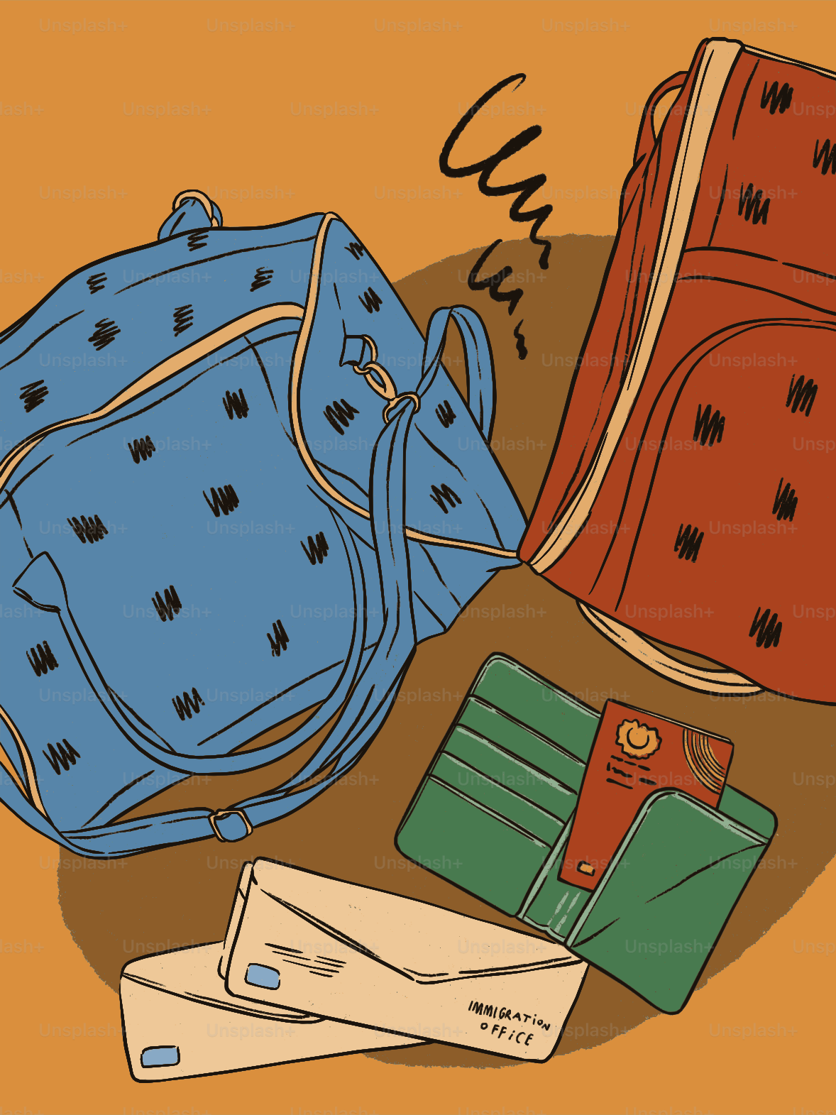 Duas bolsas, uma carteira e envelopes em fundo laranja