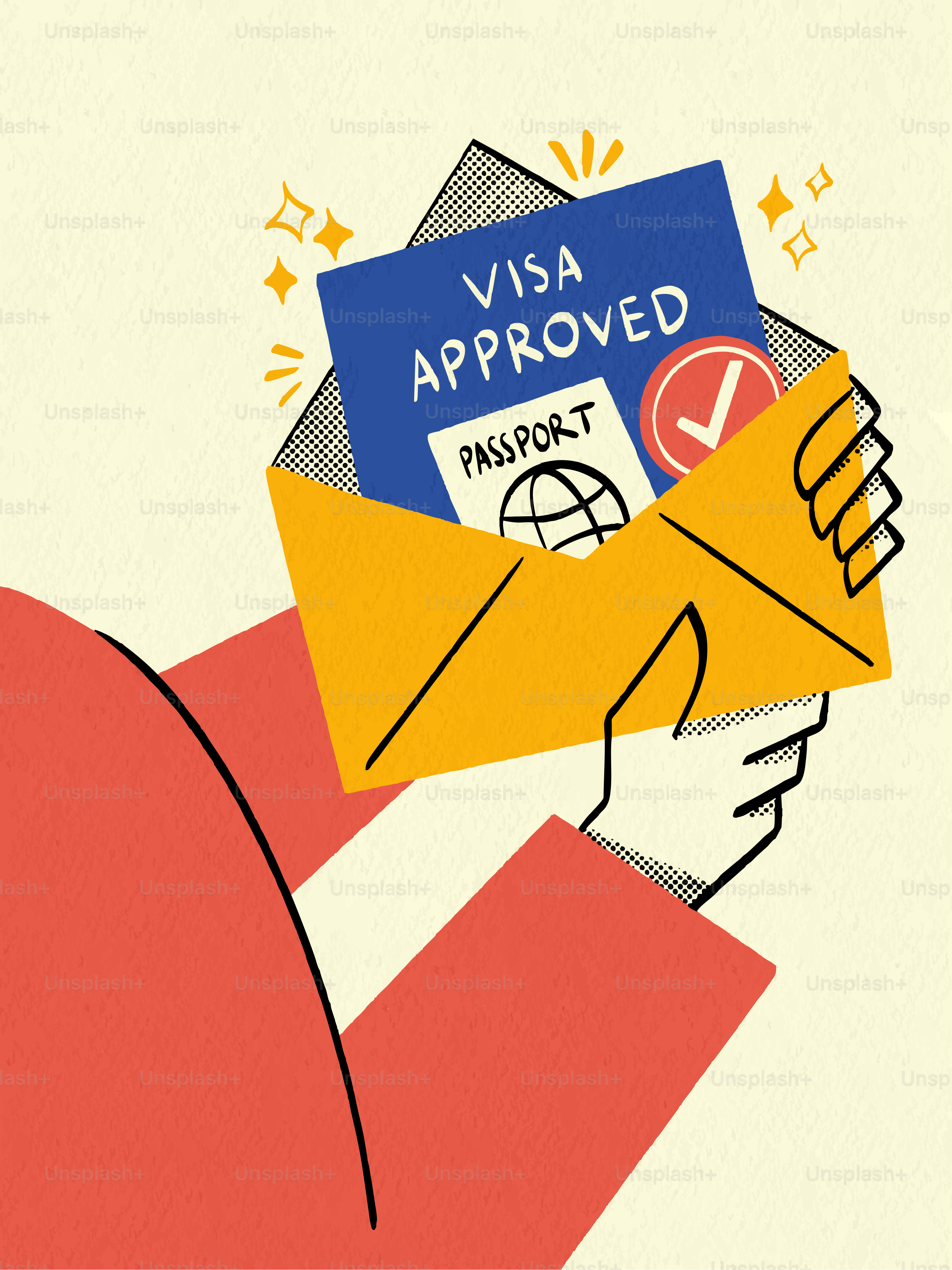Hand opening envelope revealing "visa approved" document and passport.