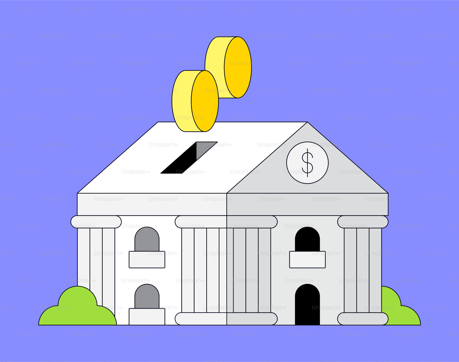 Coins being deposited into a bank building