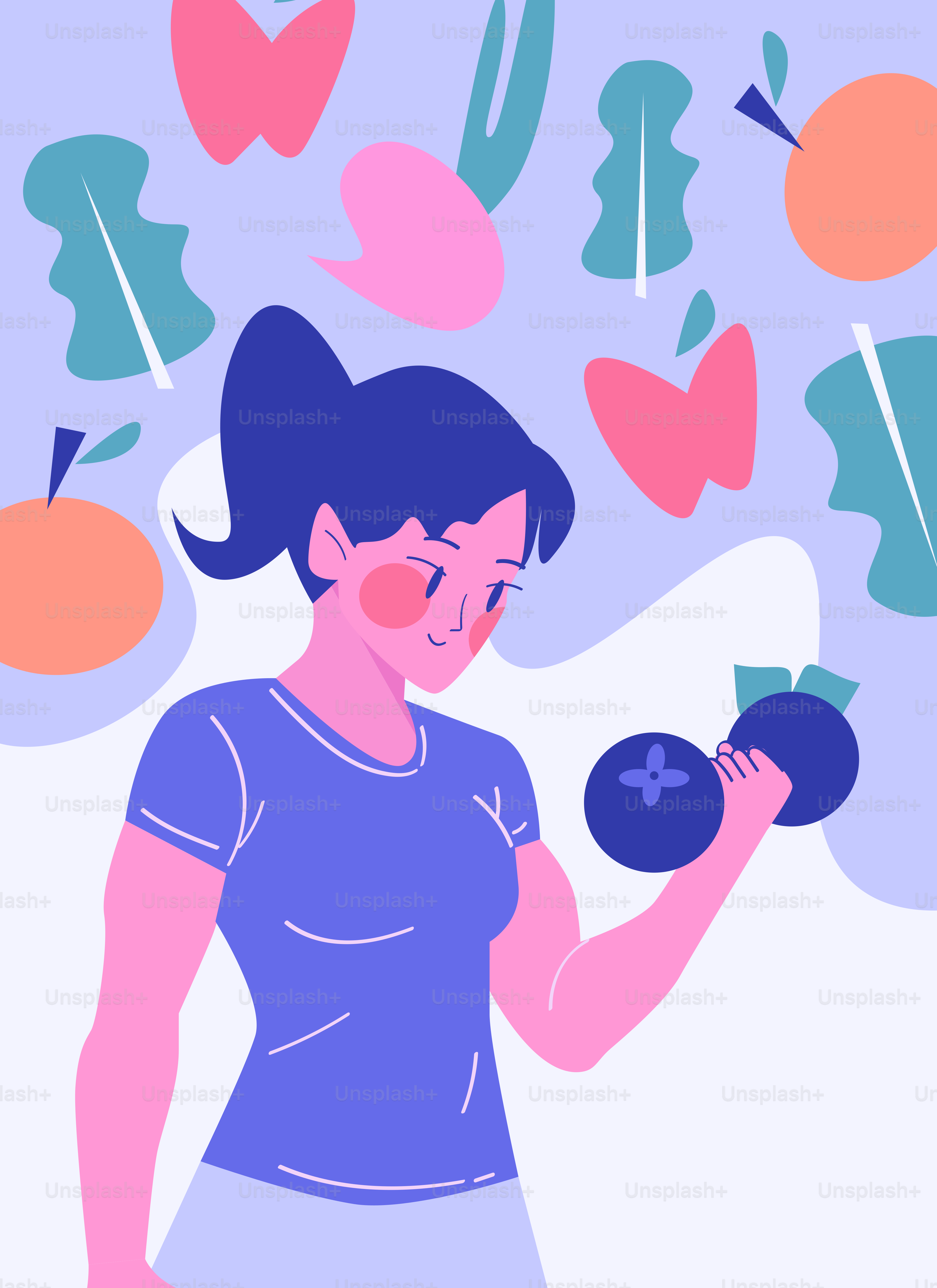 Mulher levantando mirtilos como halteres com fundo de frutas