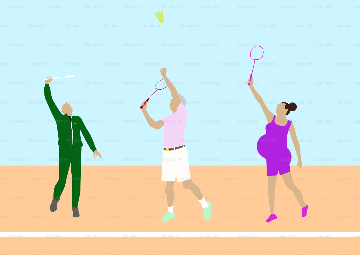 Three people playing badminton on a court