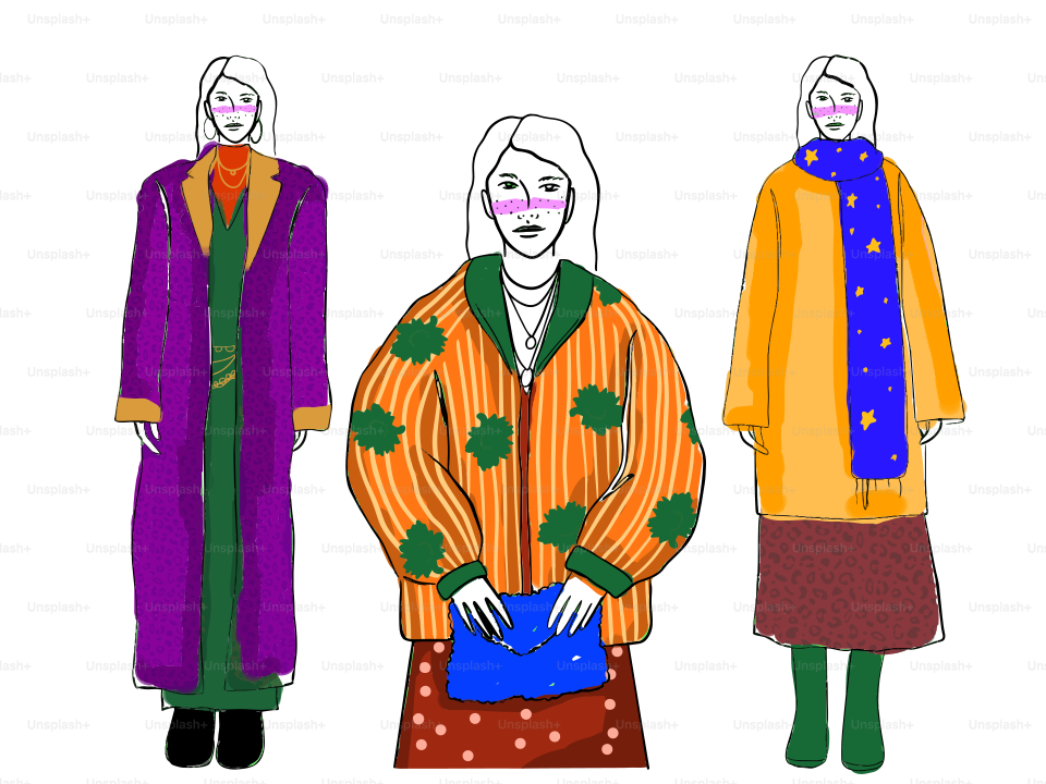 Mulheres estilizadas vestindo roupas vibrantes e estampadas.