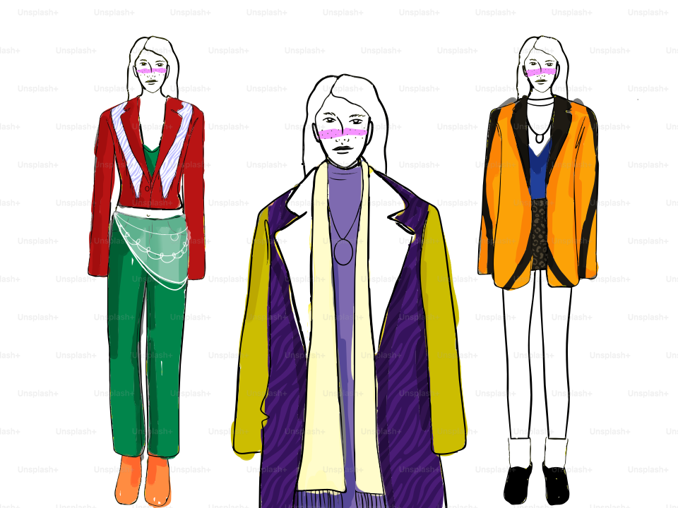 Três ilustrações de moda estilizadas de mulheres com roupas coloridas.