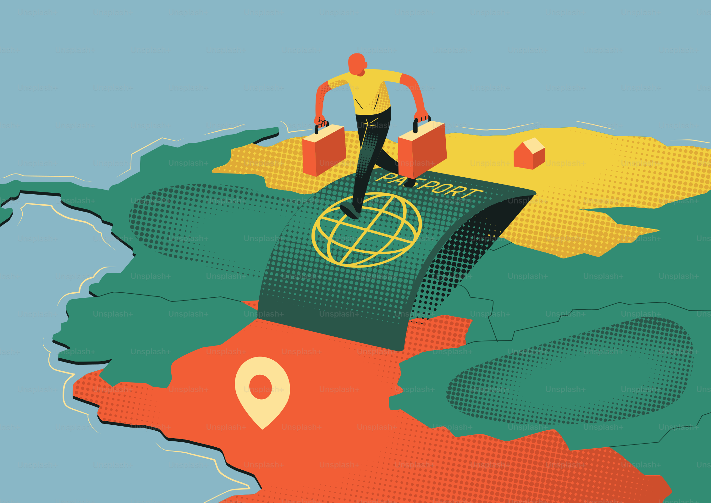 Homem com malas cruzando a fronteira via passaporte
