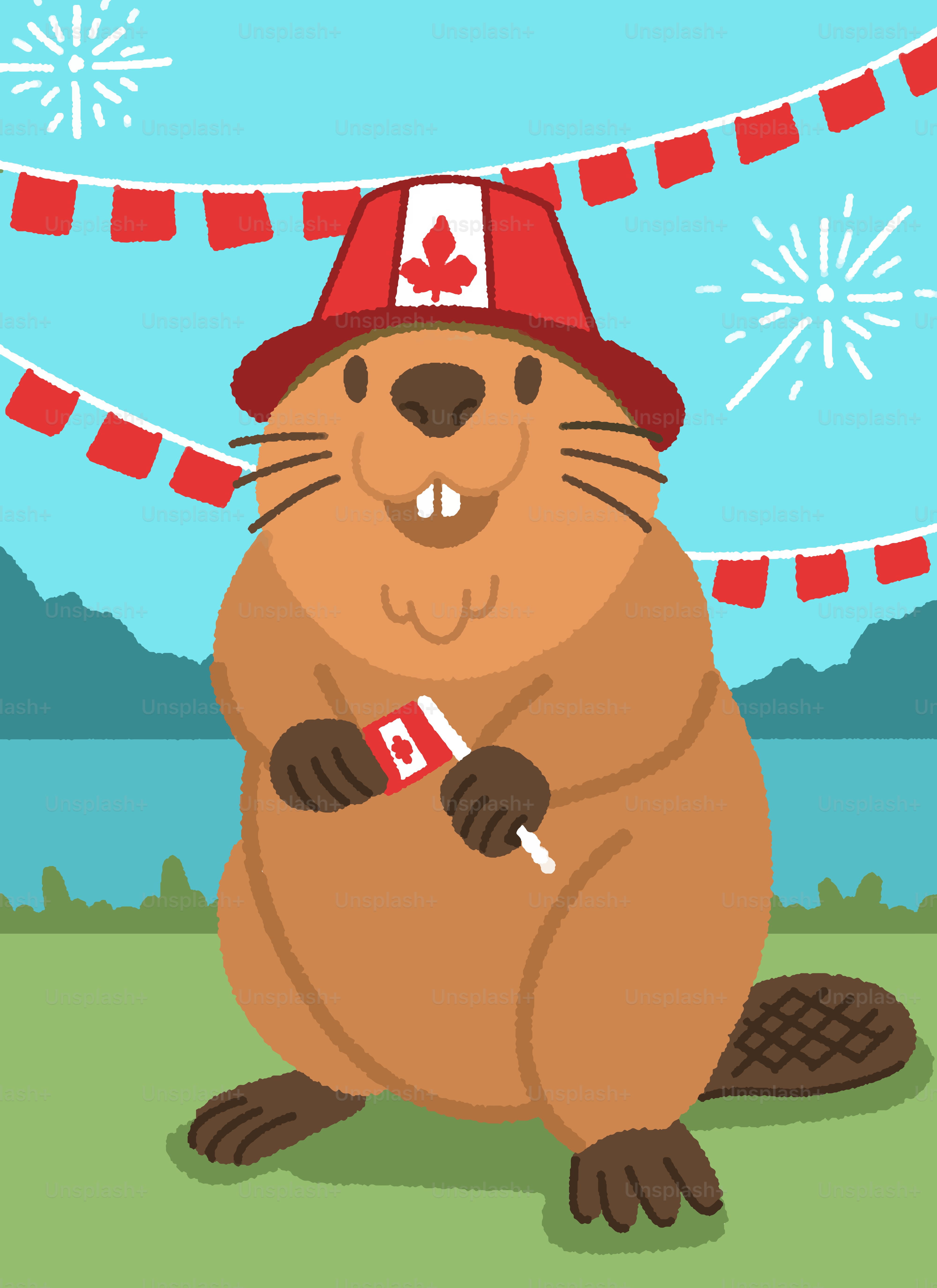 Un castor portant un chapeau canadien tient un drapeau.