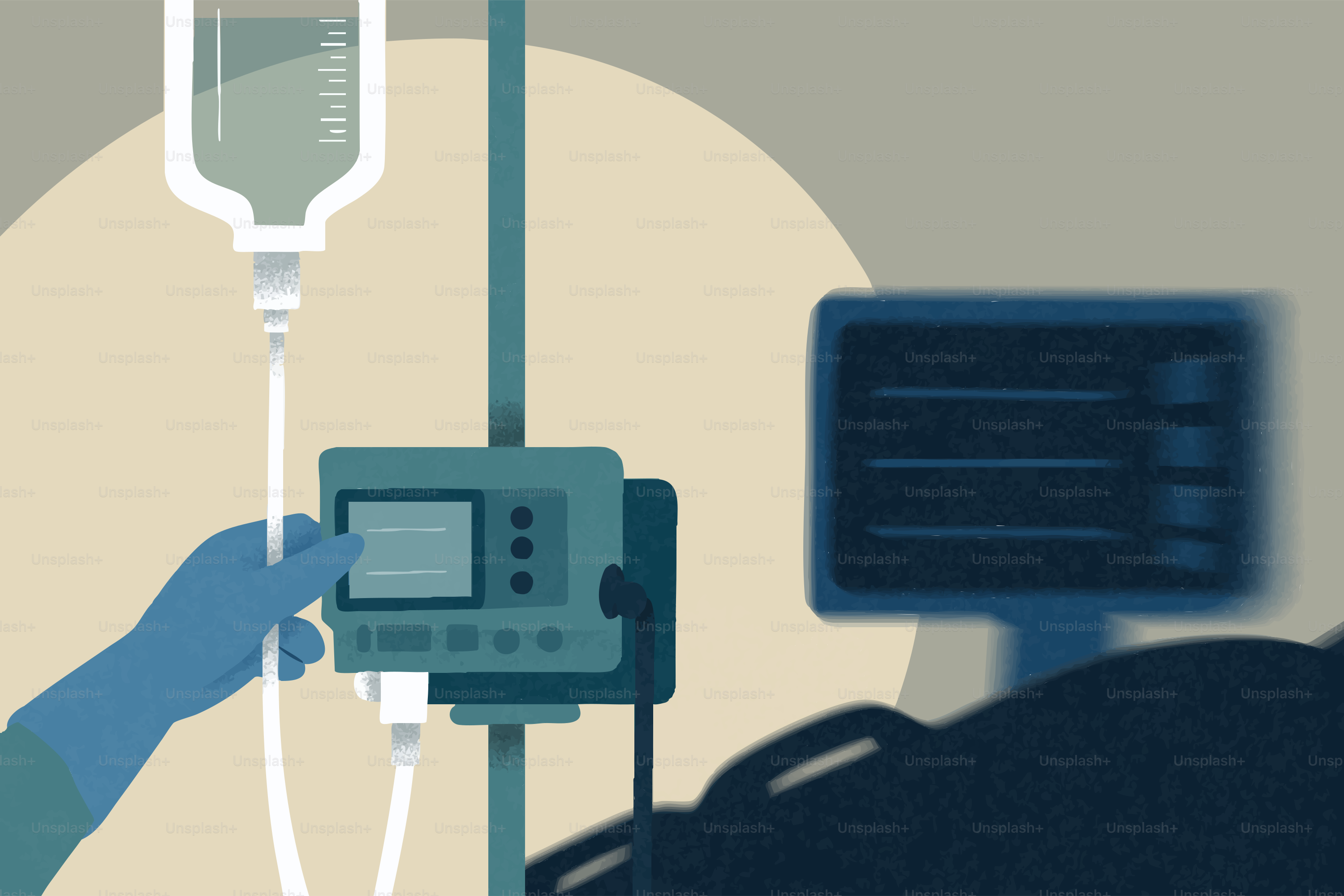 Gloved hand adjusting an iv drip and medical monitor