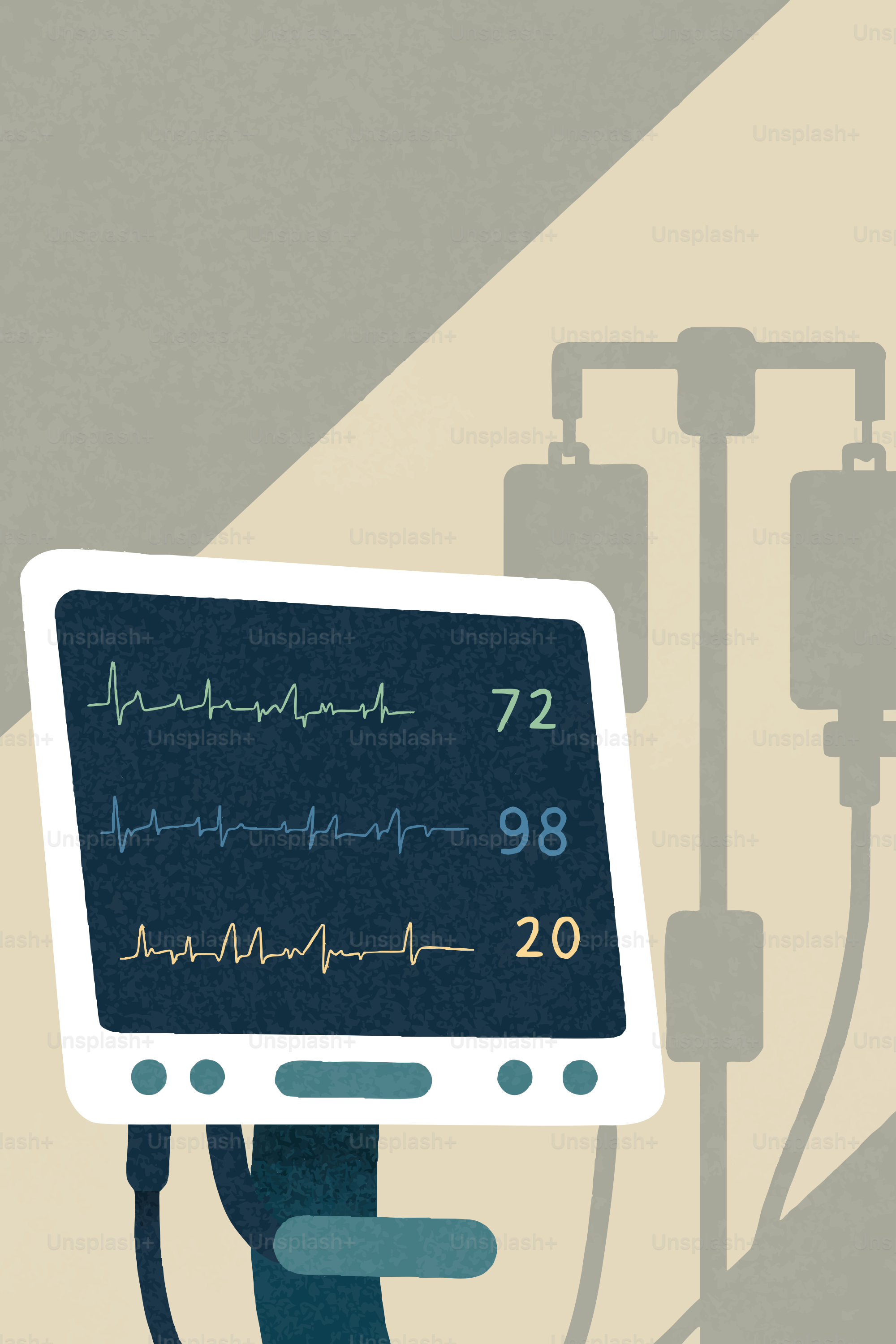 Medical monitor displaying vital signs with iv bags
