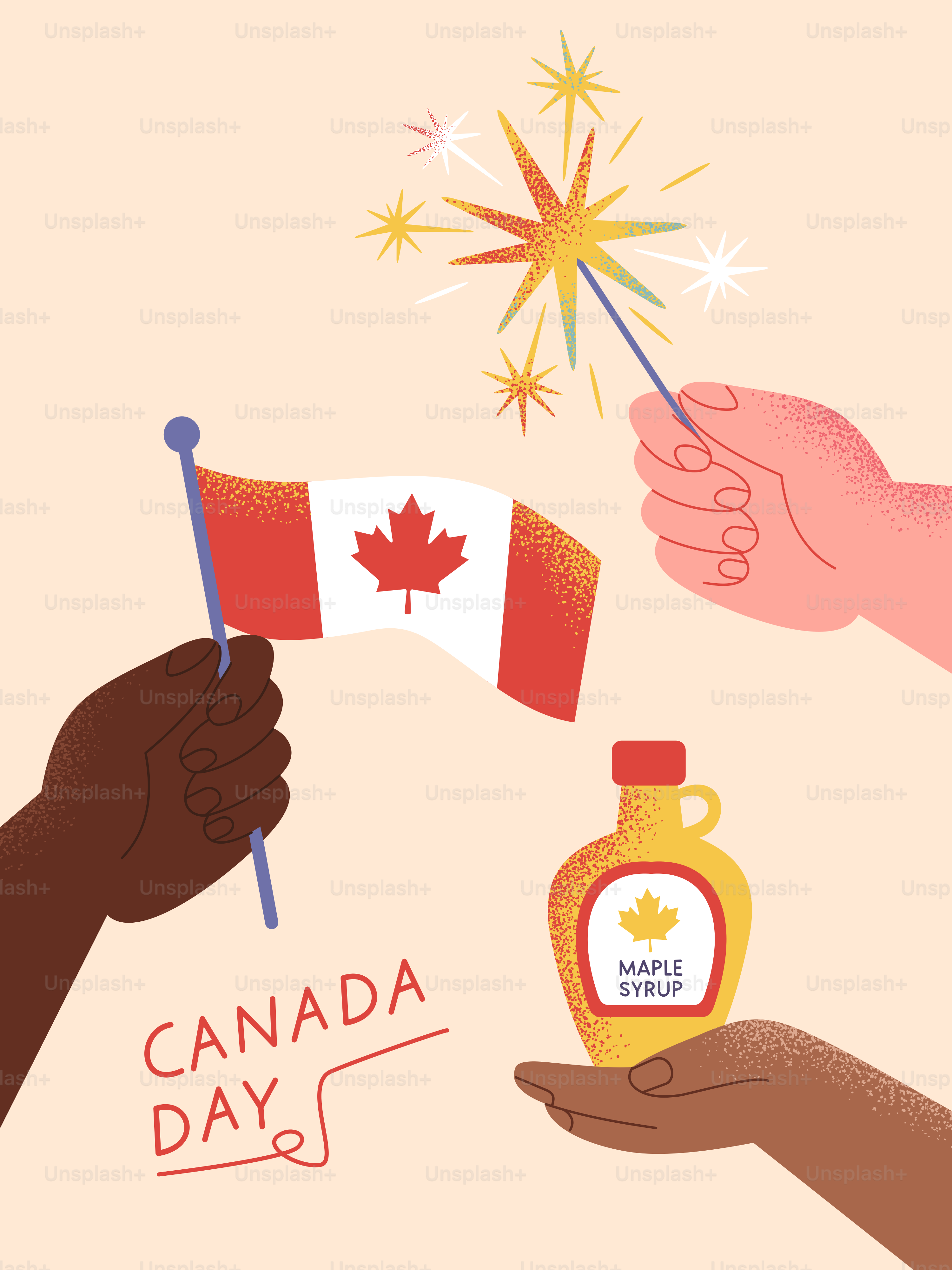 Célébration de la fête du Canada avec drapeau, cierges magiques et sirop d’érable.