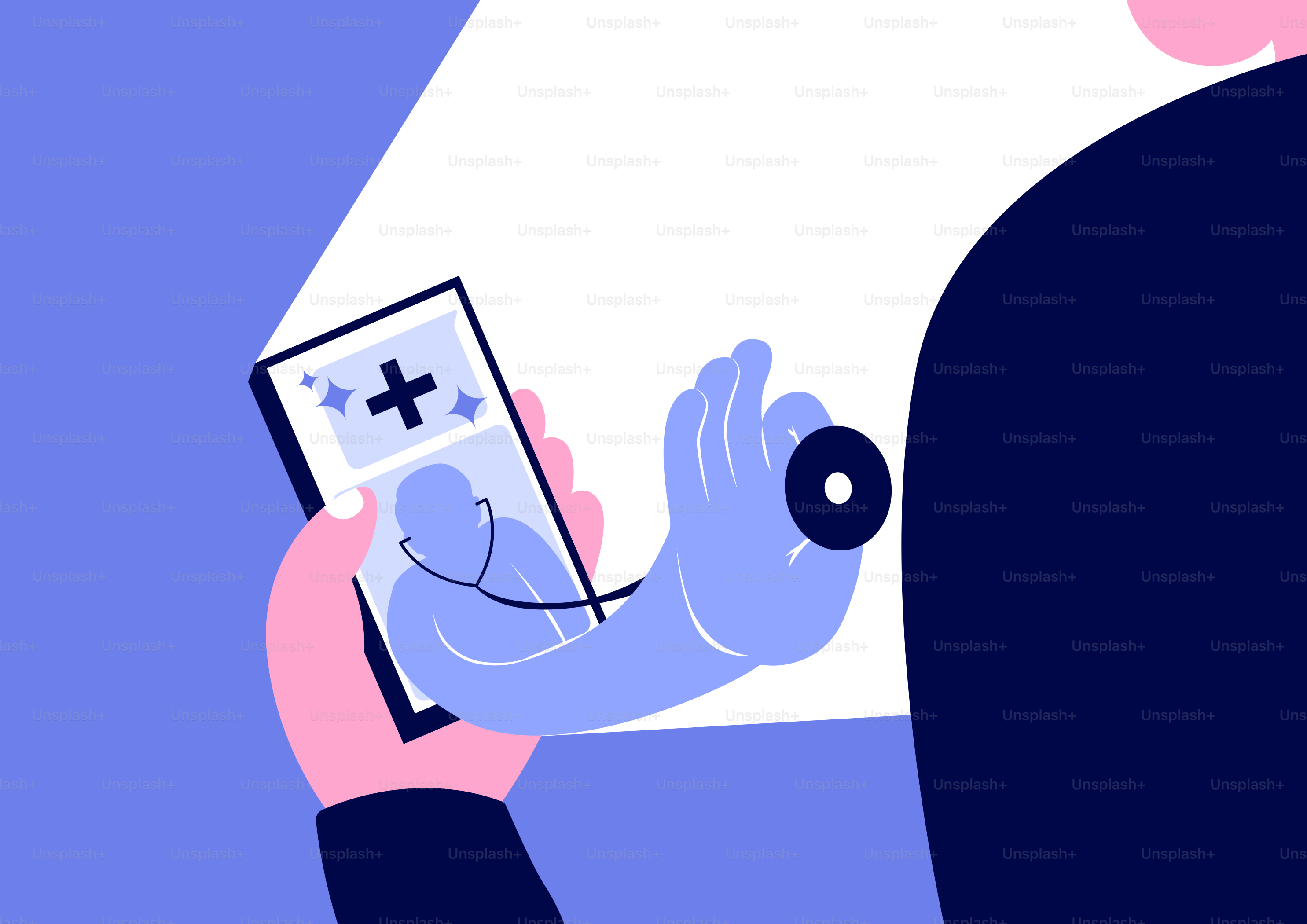 Conceito de saúde digital com smartphone, aplicativo médico e estetoscópio.