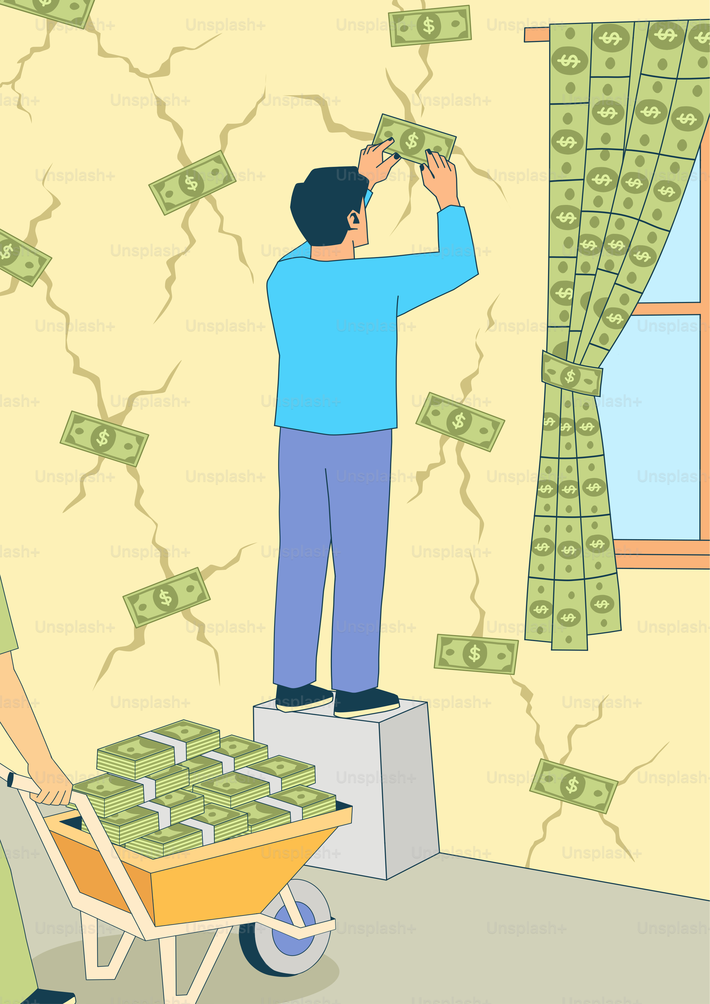 Homem remendando a parede rachada com notas de dólar