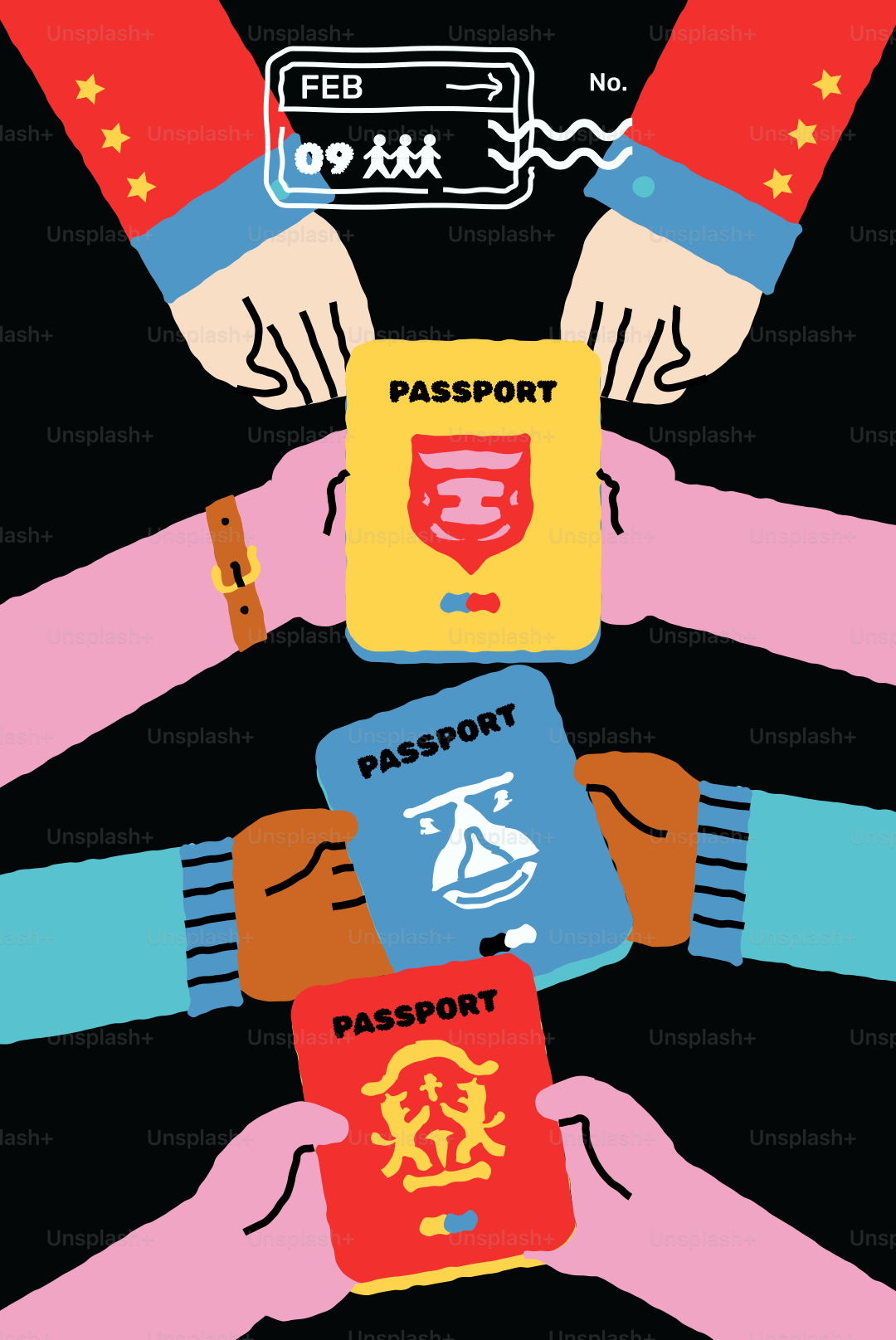 Multiple hands holding various passports with distinct national emblems.