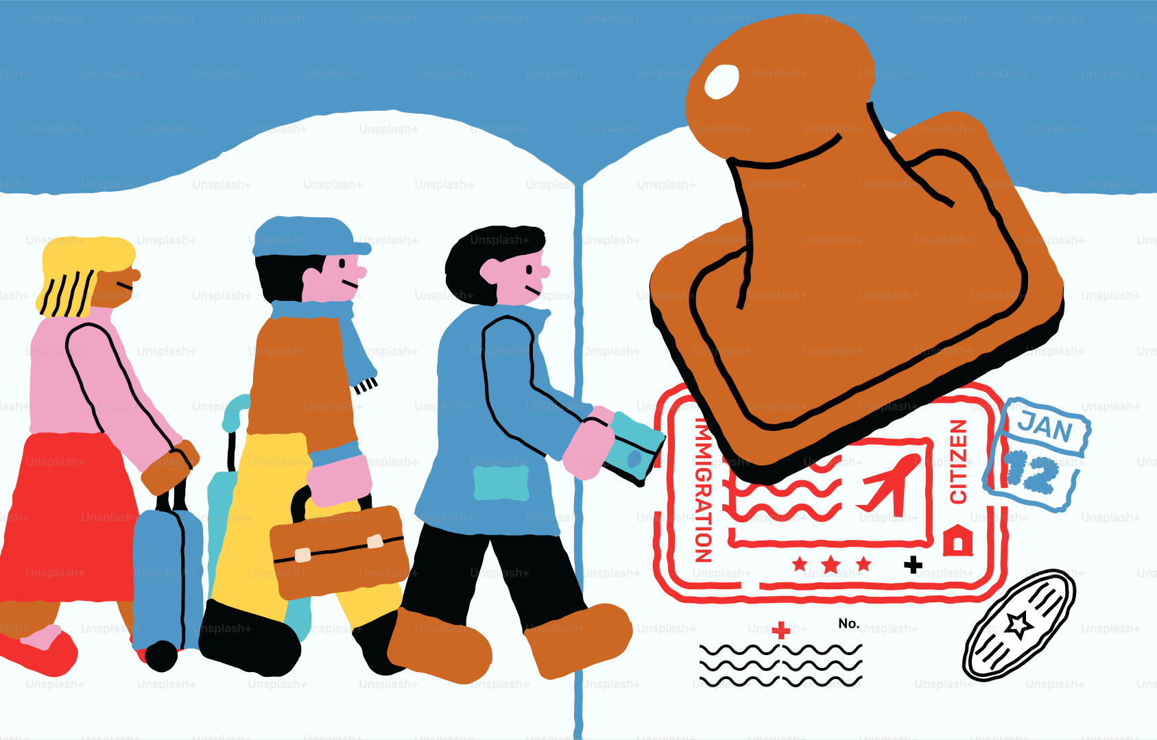 People with luggage walking past immigration stamp