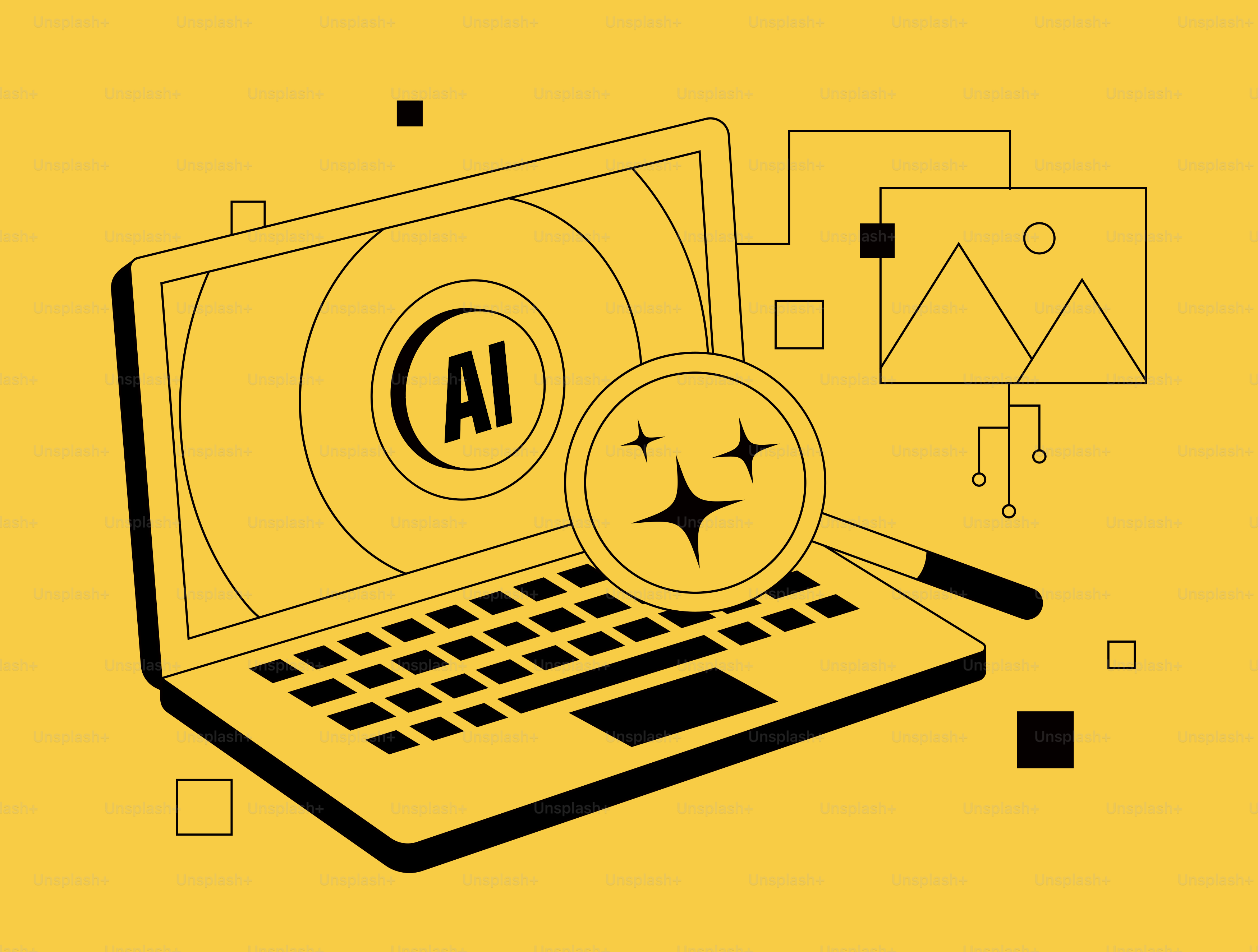 A laptop screen displays ai with a magnifying glass.