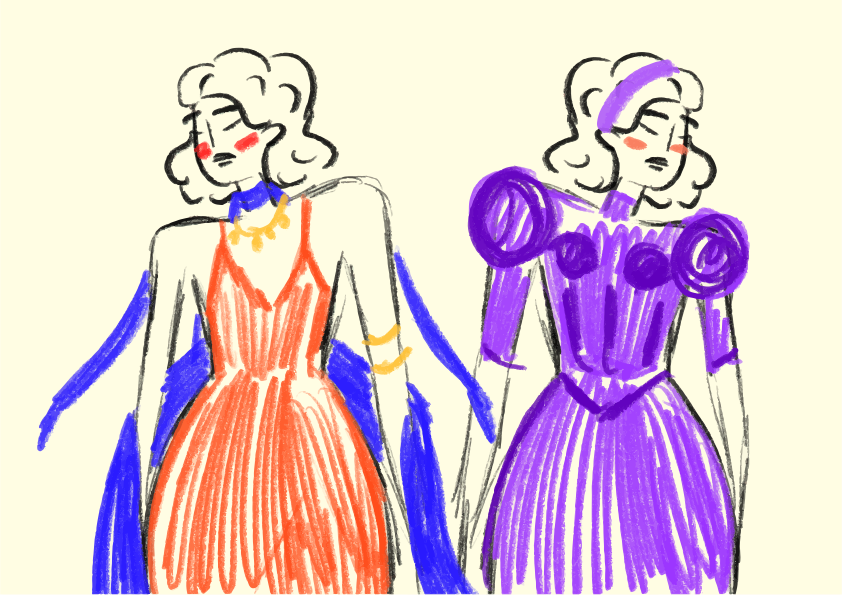 Duas mulheres com vestidos elegantes estão lado a lado.