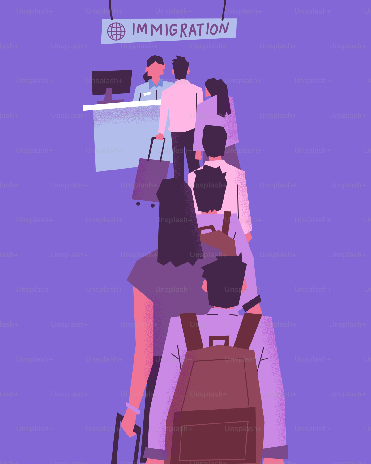 Pessoas na fila da imigração com bagagem