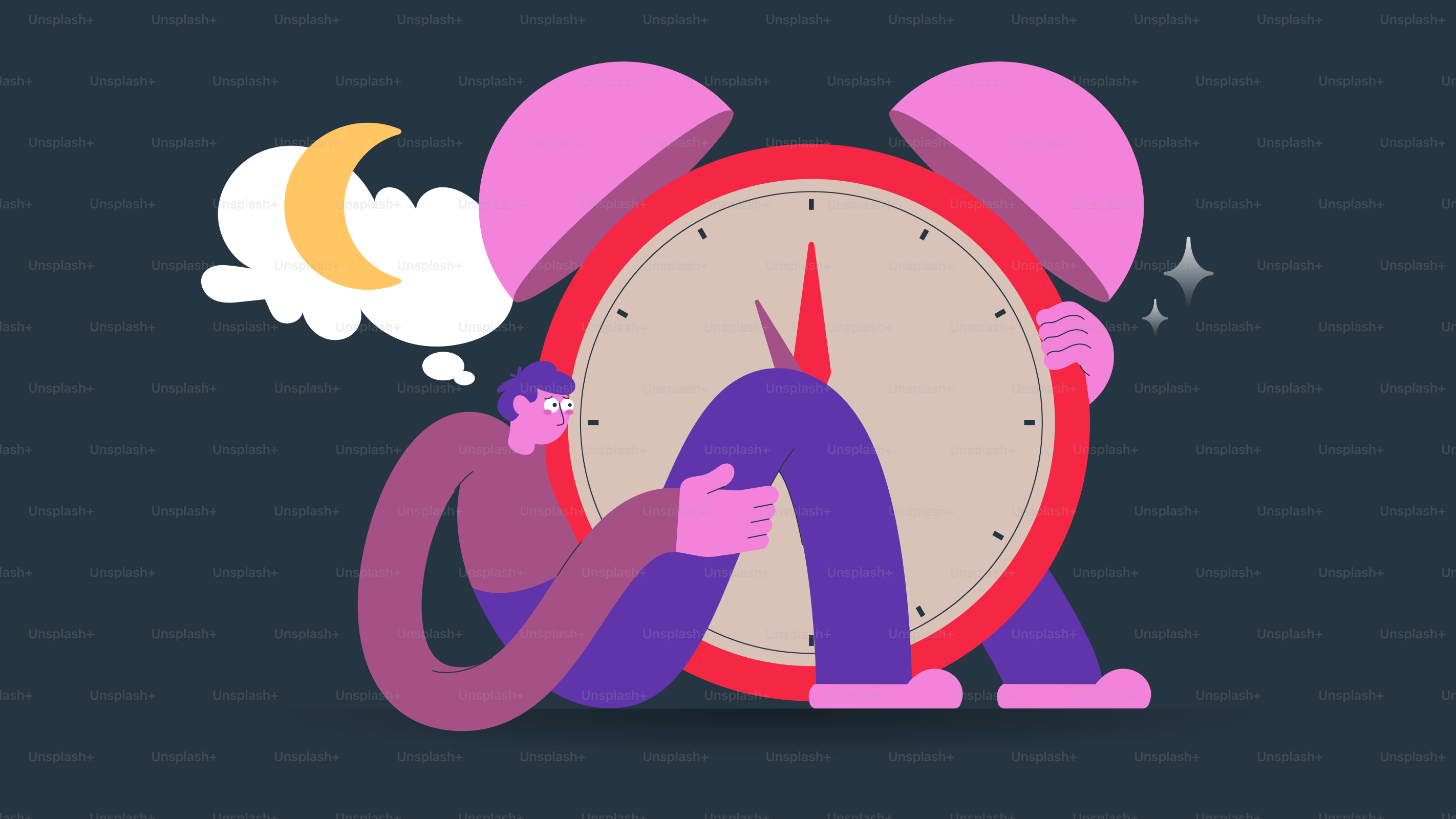 Orang lelah memegang jam alarm, memikirkan tentang tidur.