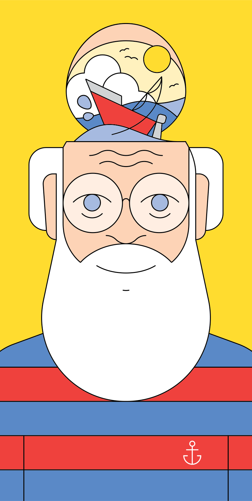 Elderly man with a nautical scene in his head