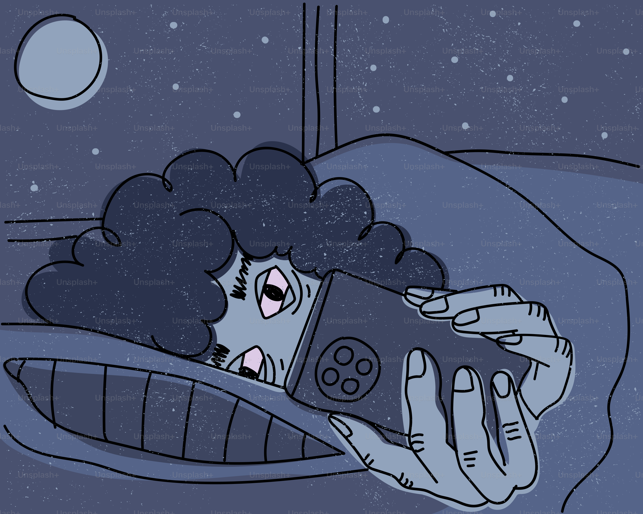 Orang lelah menggulir telepon di tempat tidur di malam hari.