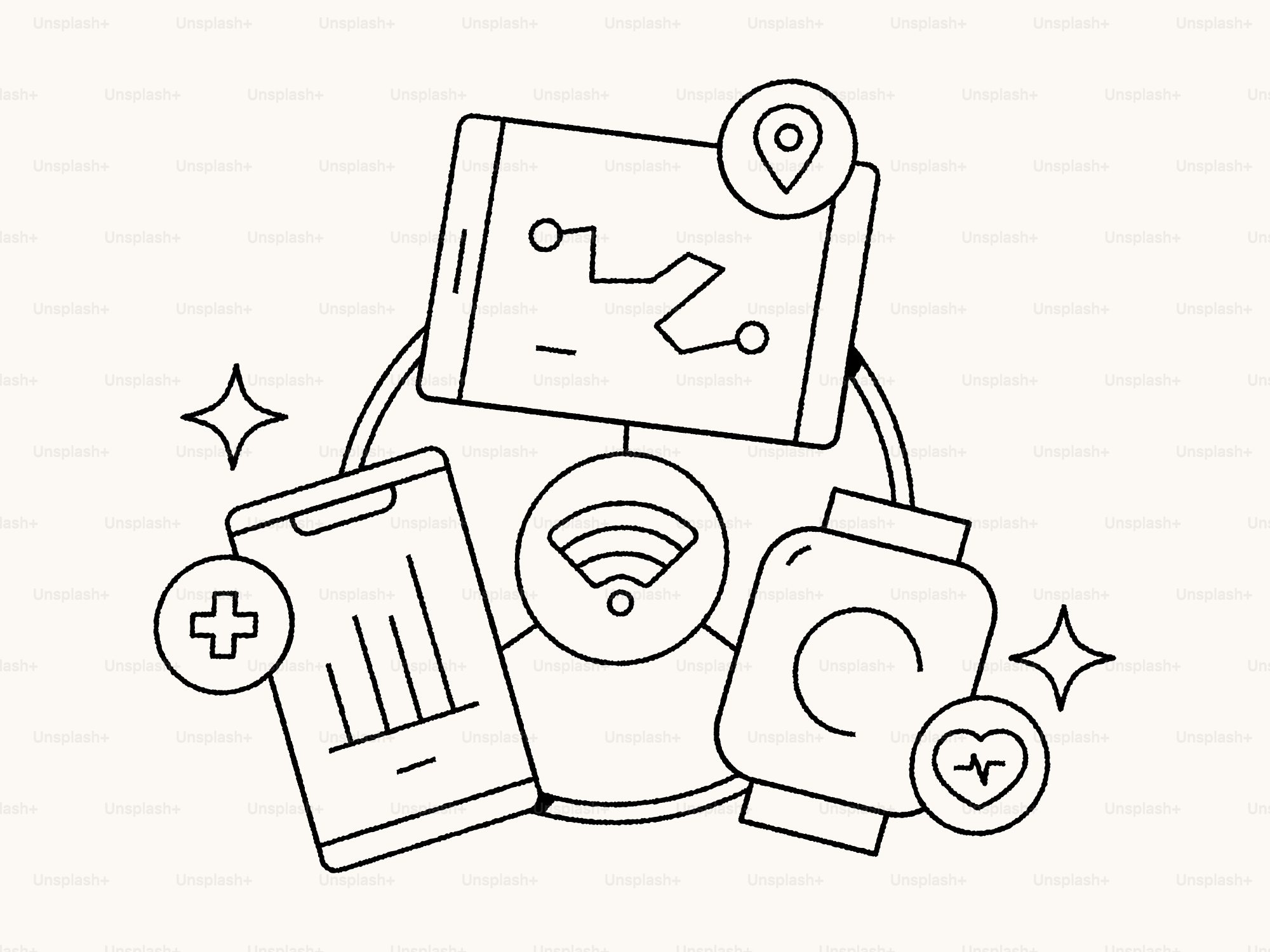 Arte lineal de dispositivos inteligentes conectados: teléfono, tableta y reloj inteligente.